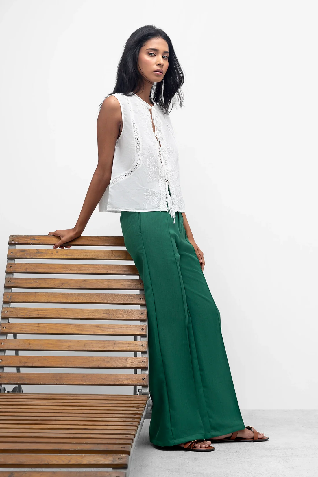Green Straight Fit Pintuck Trousers