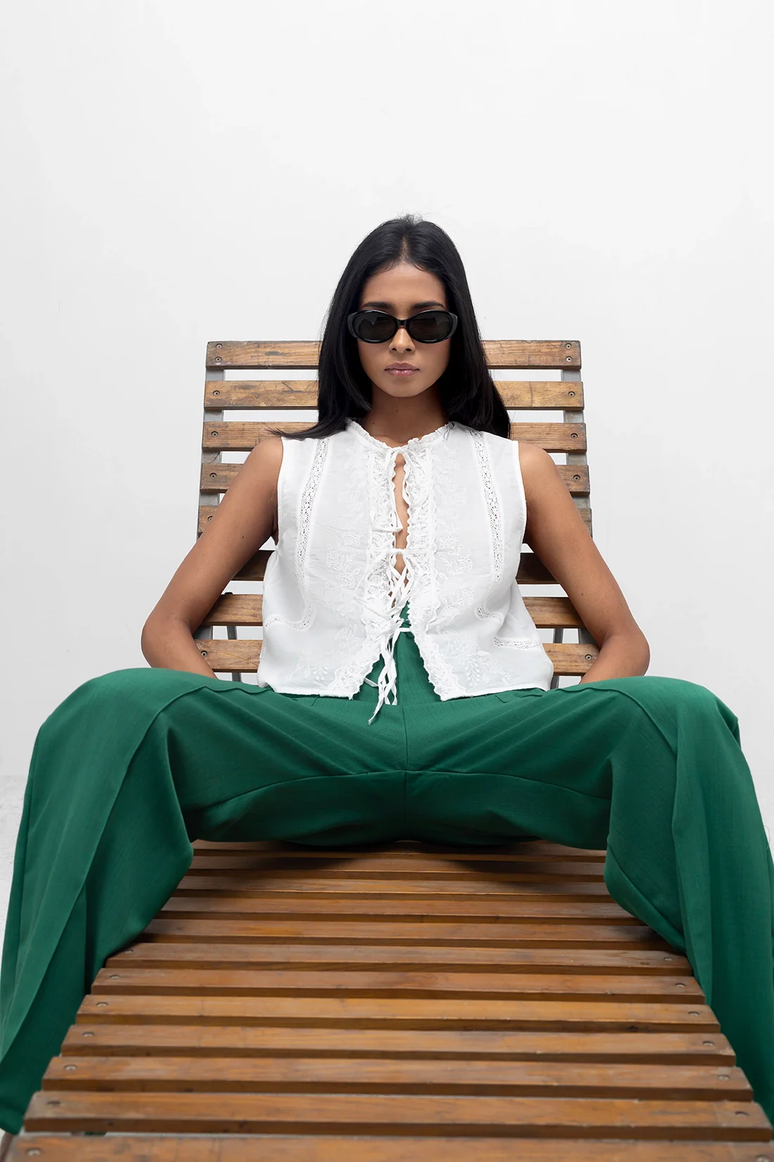 Green Straight Fit Pintuck Trousers