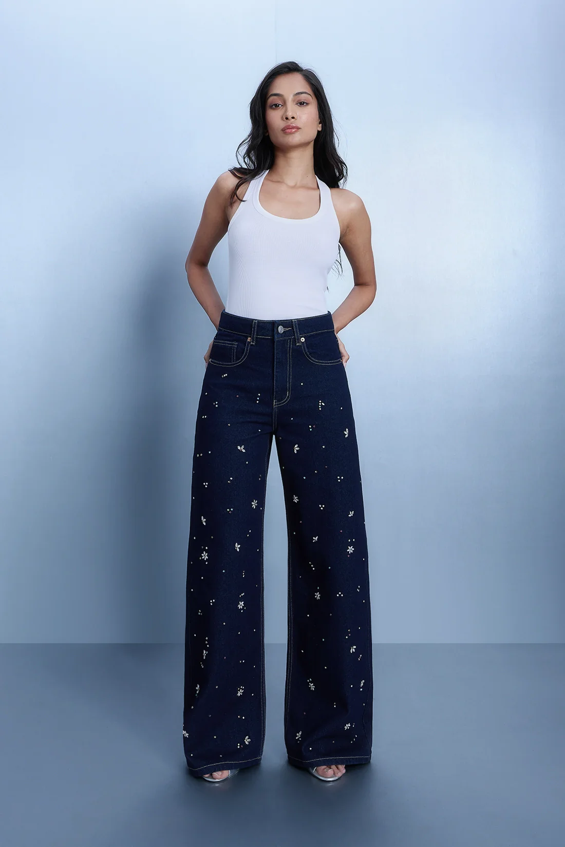 Crystal Embellished Straight Leg Jeans