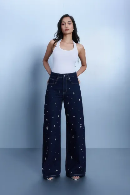 Crystal Embellished Straight Leg Jeans