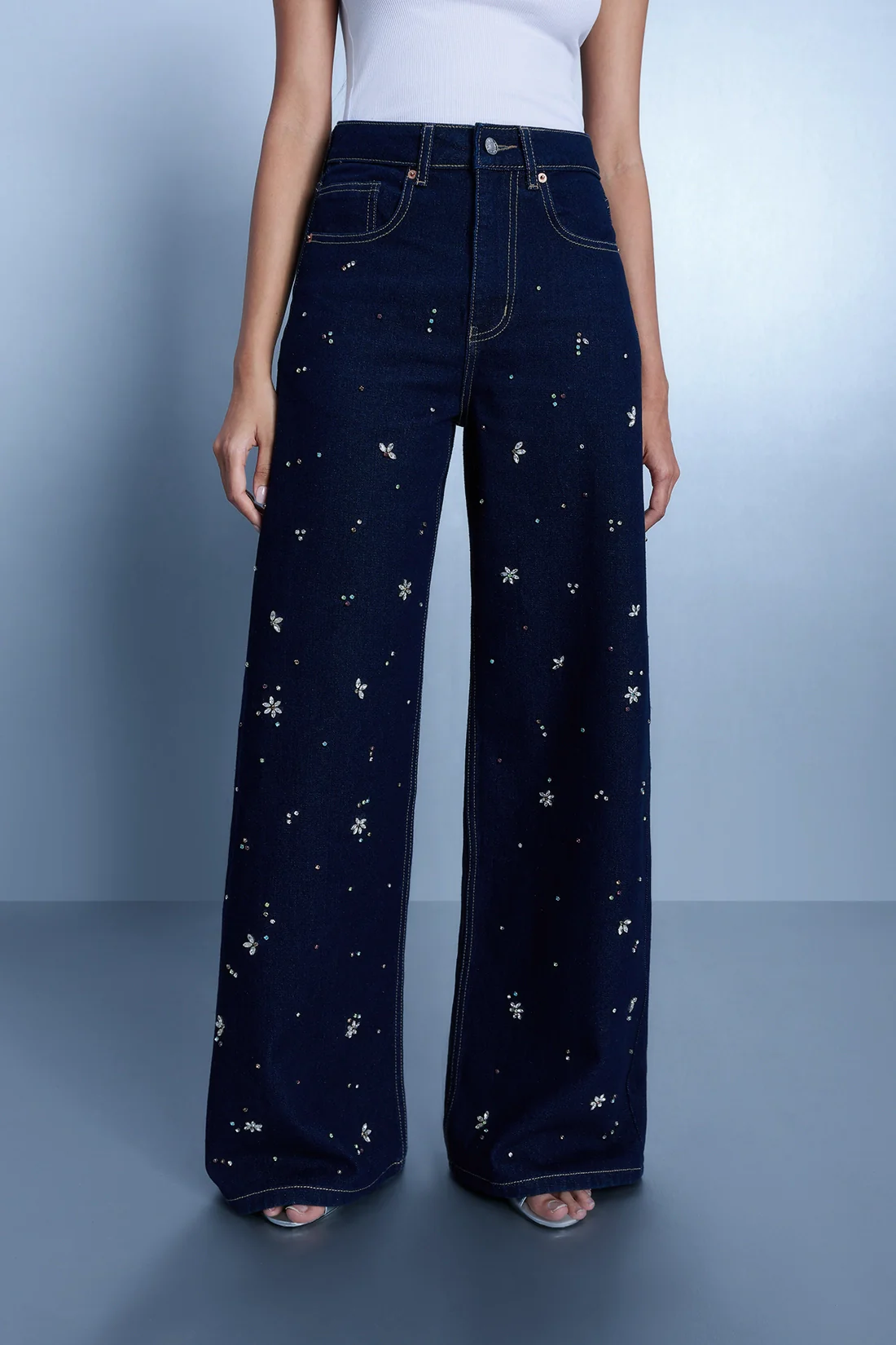 Crystal Embellished Straight Leg Jeans