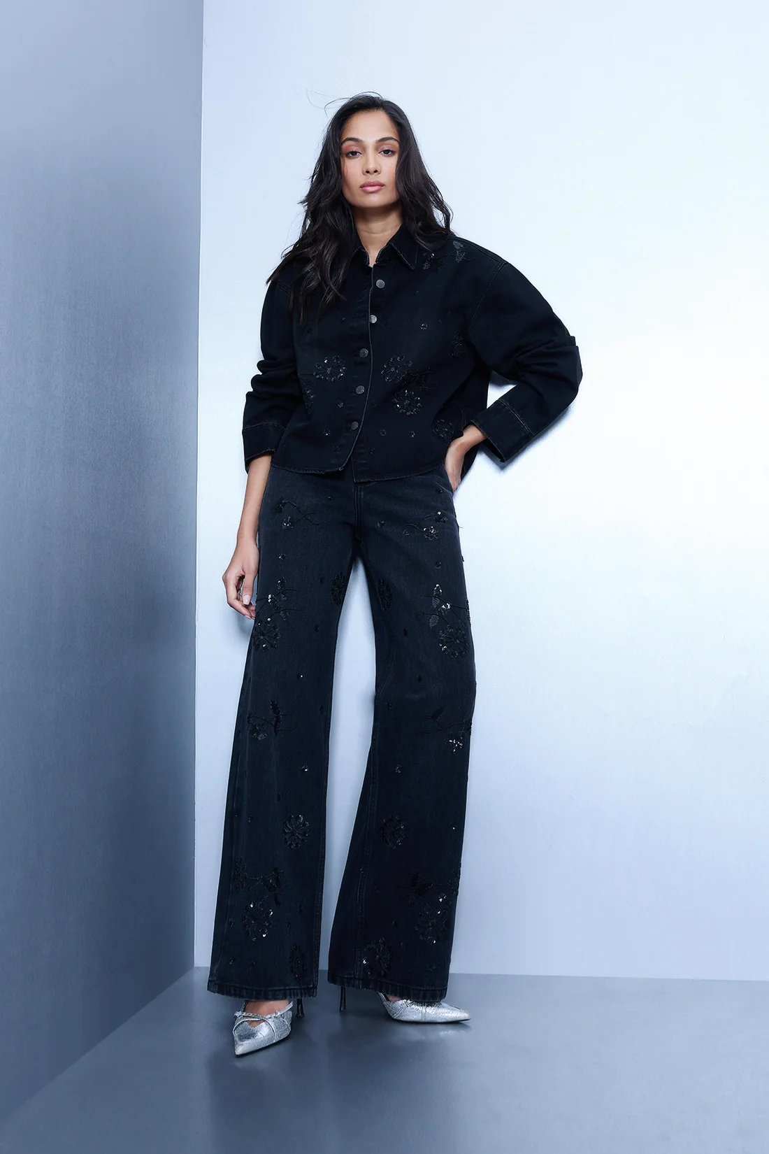Embroidered Black Straight Jeans