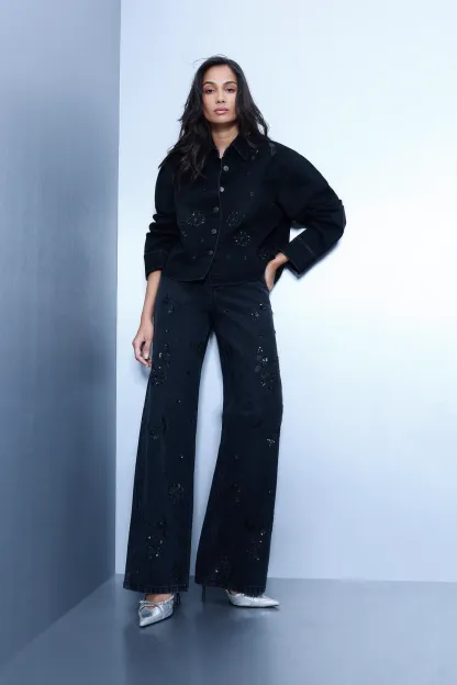 Embroidered Black Straight Jeans