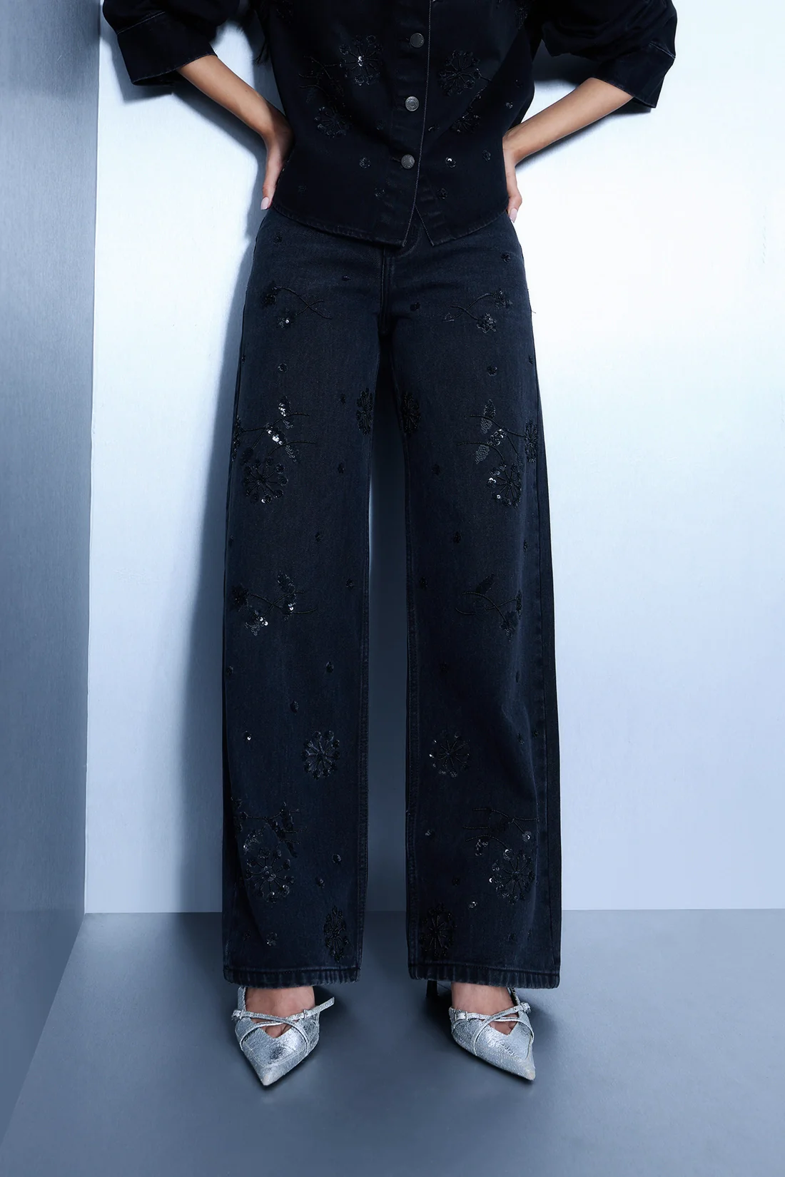 Embroidered Black Straight Jeans
