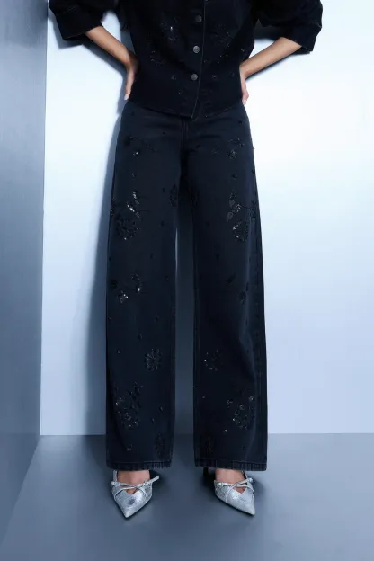 Embroidered Black Straight Jeans