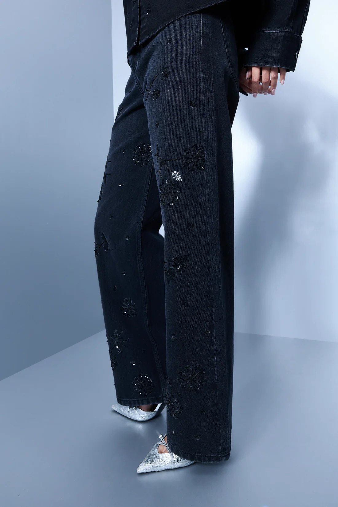 Embroidered Black Straight Jeans