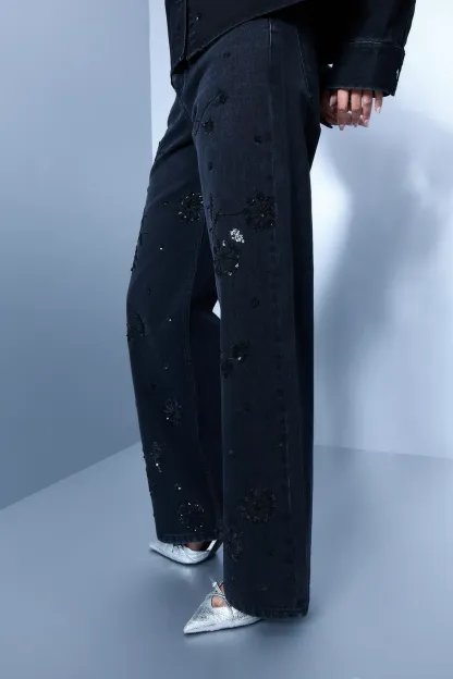 Embroidered Black Straight Jeans