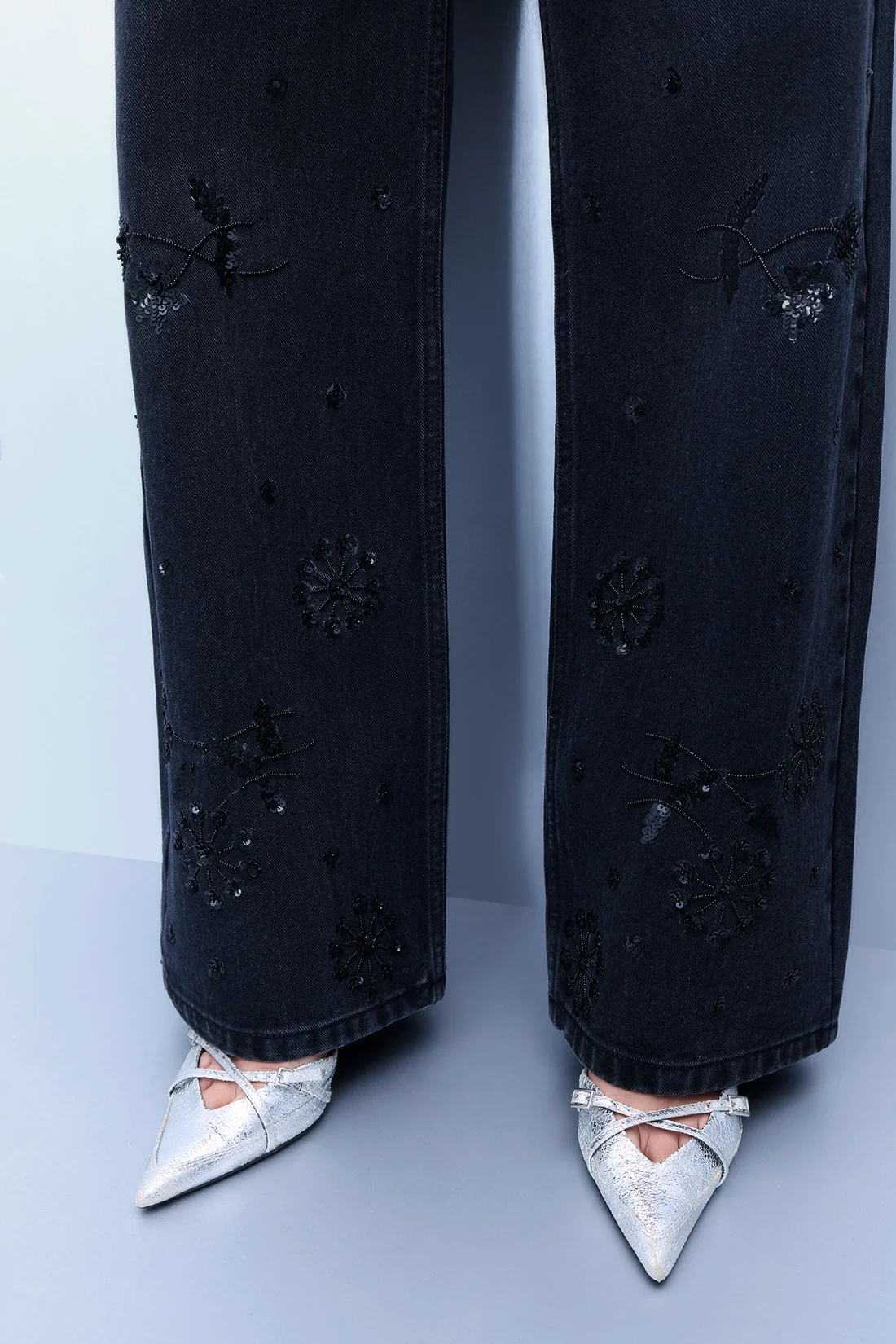 Embroidered Black Straight Jeans