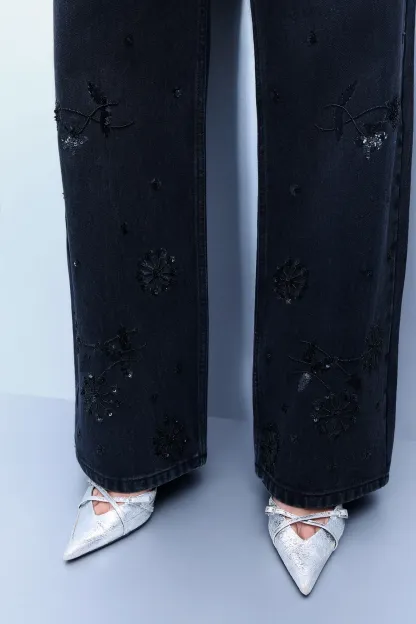Embroidered Black Straight Jeans