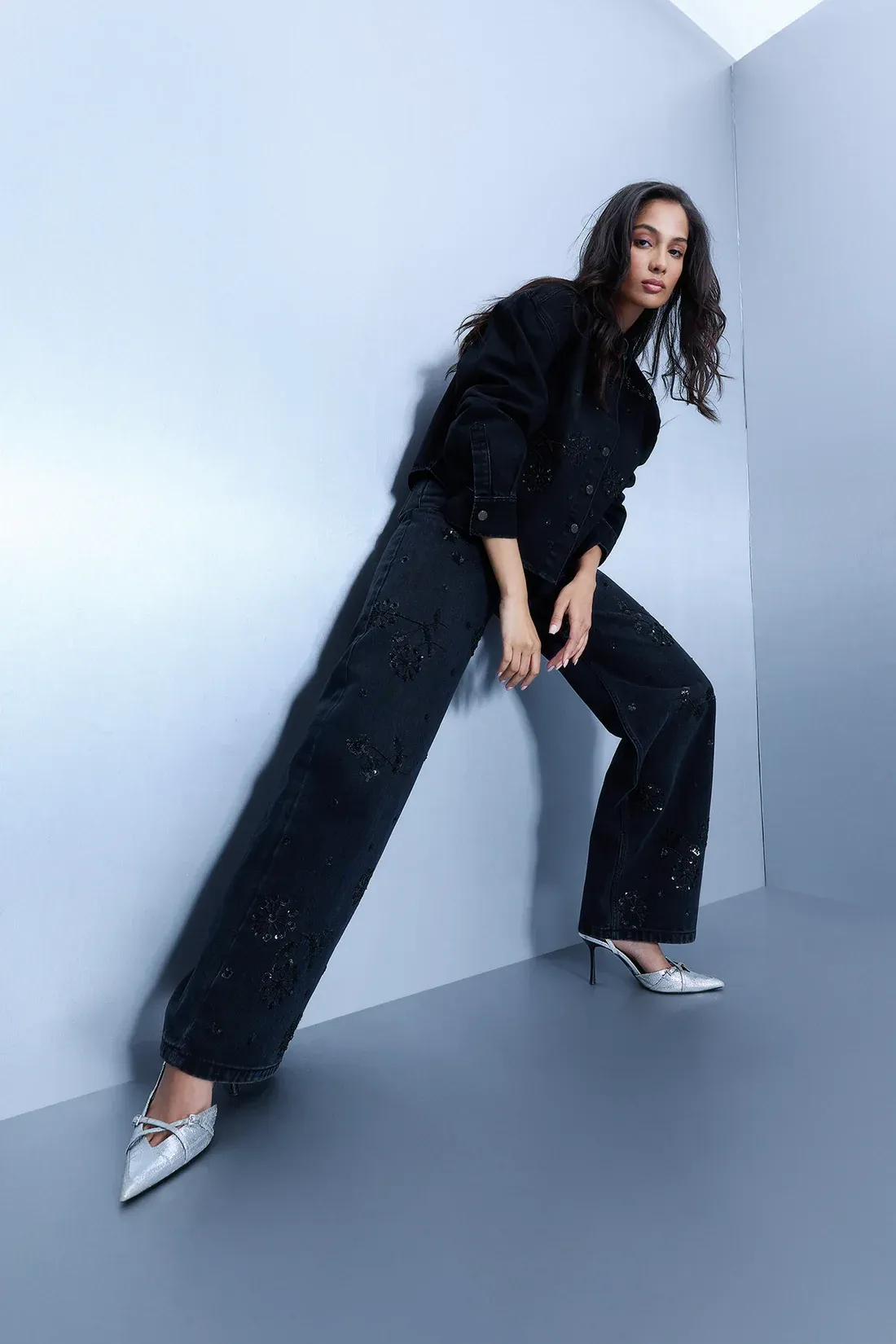 Embroidered Black Straight Jeans