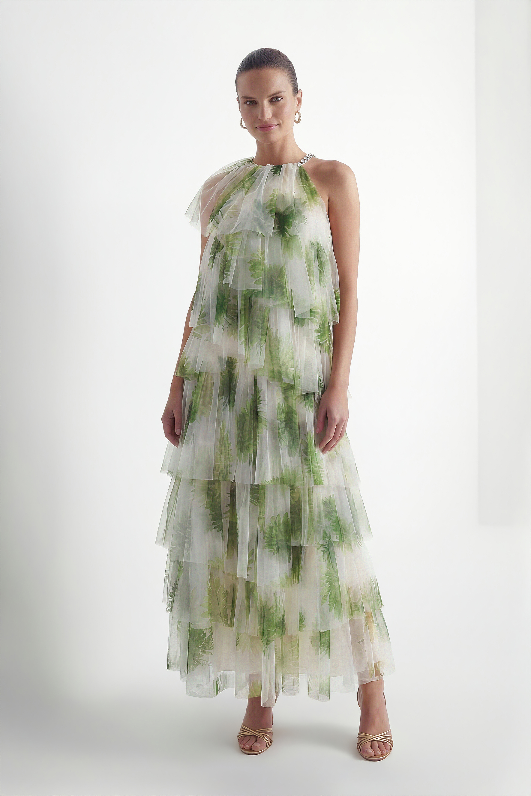 Leaf Print Tiered Tulle Maxi Dress