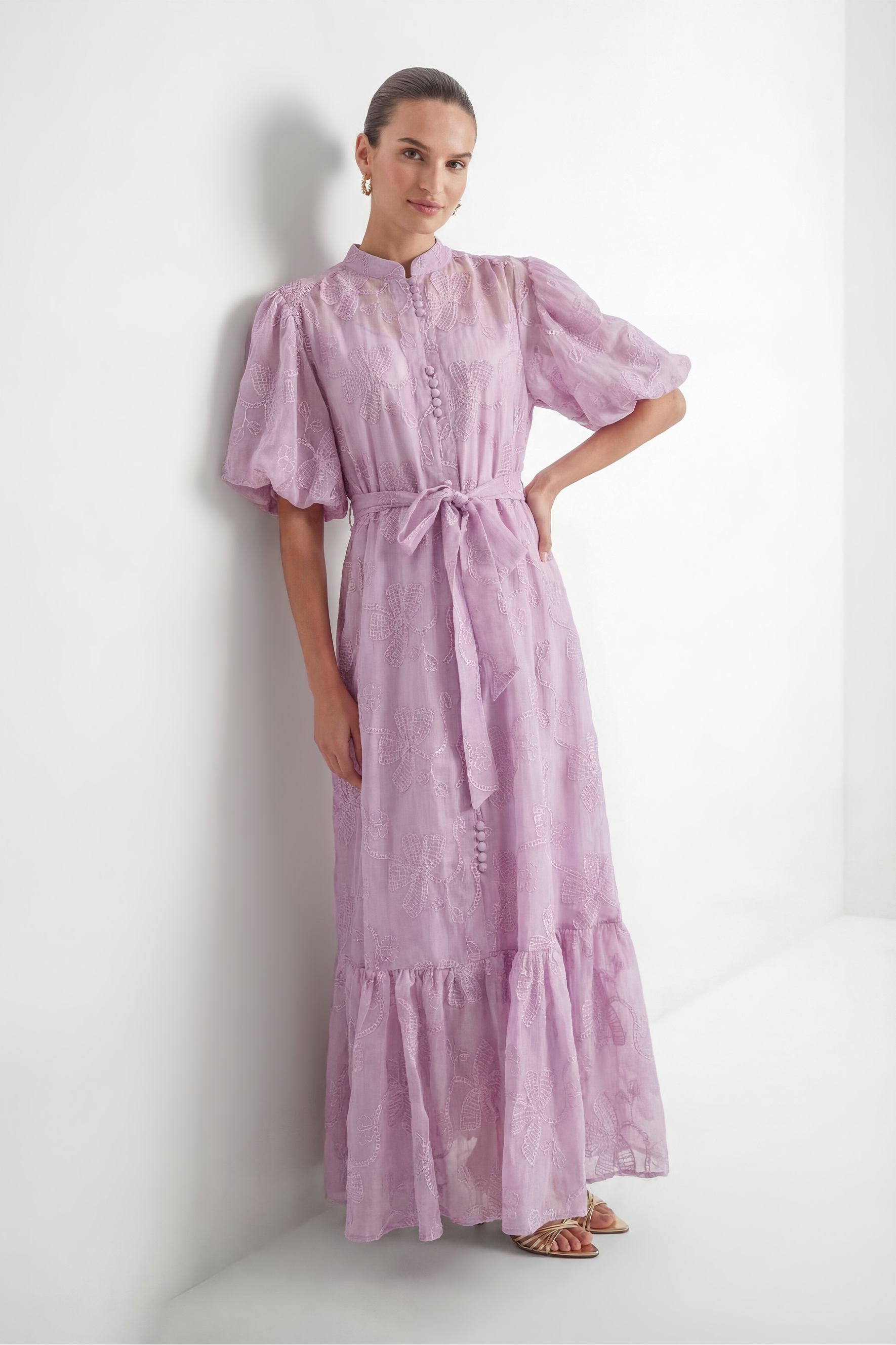 Lavender Embroidered Puff Sleeve Maxi Dress