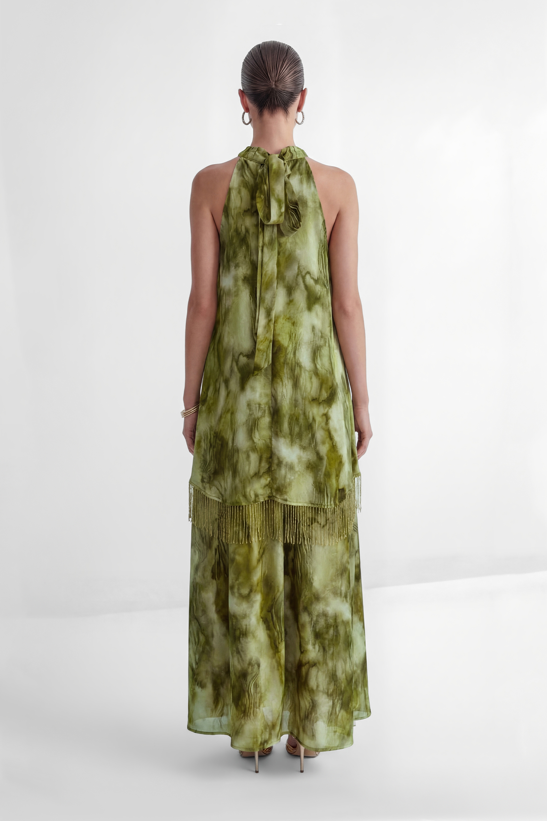 Green Marble Print Halter Dress with Gold Fringe Detail
