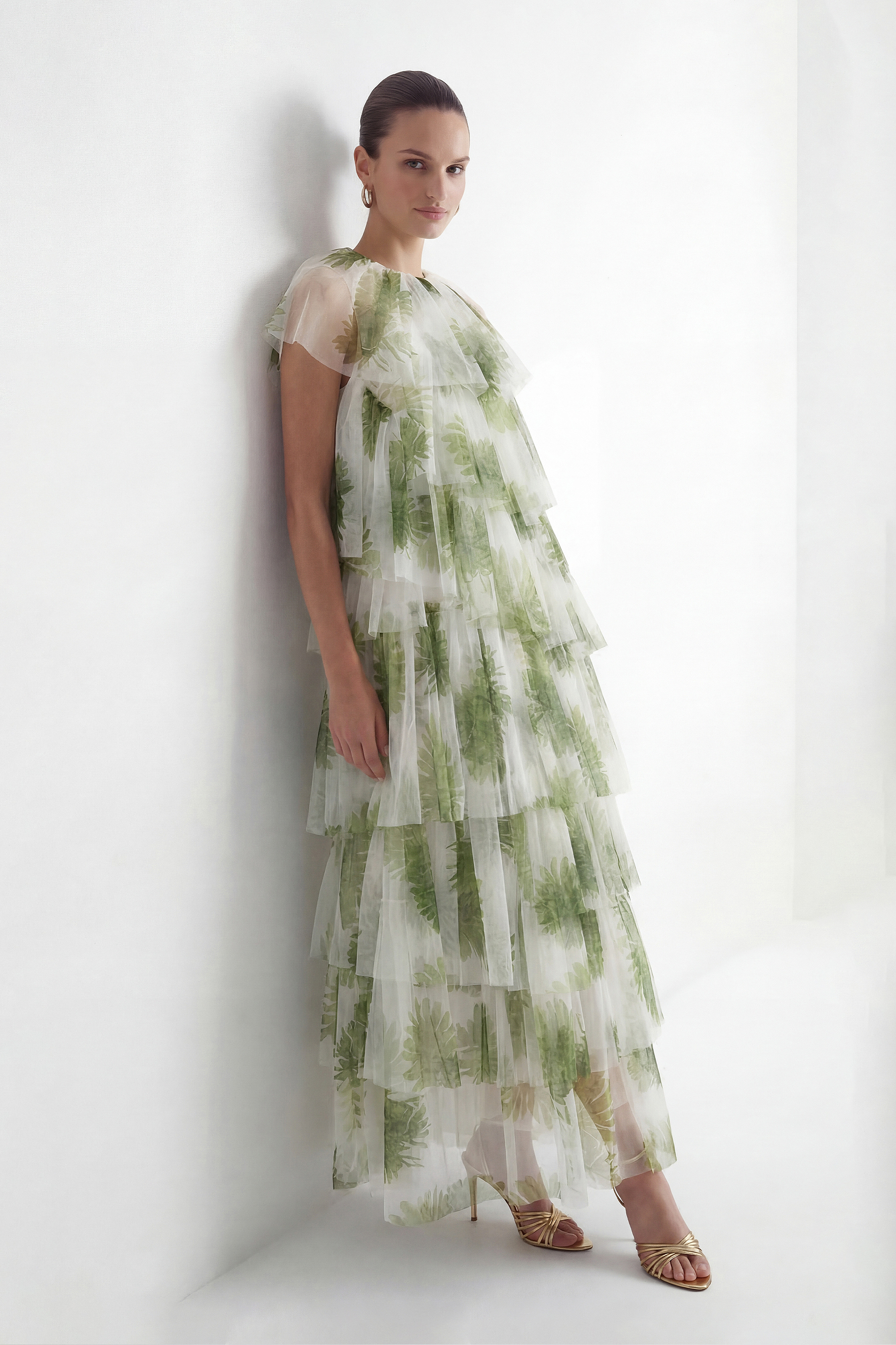 Leaf Print Tiered Tulle Maxi Dress