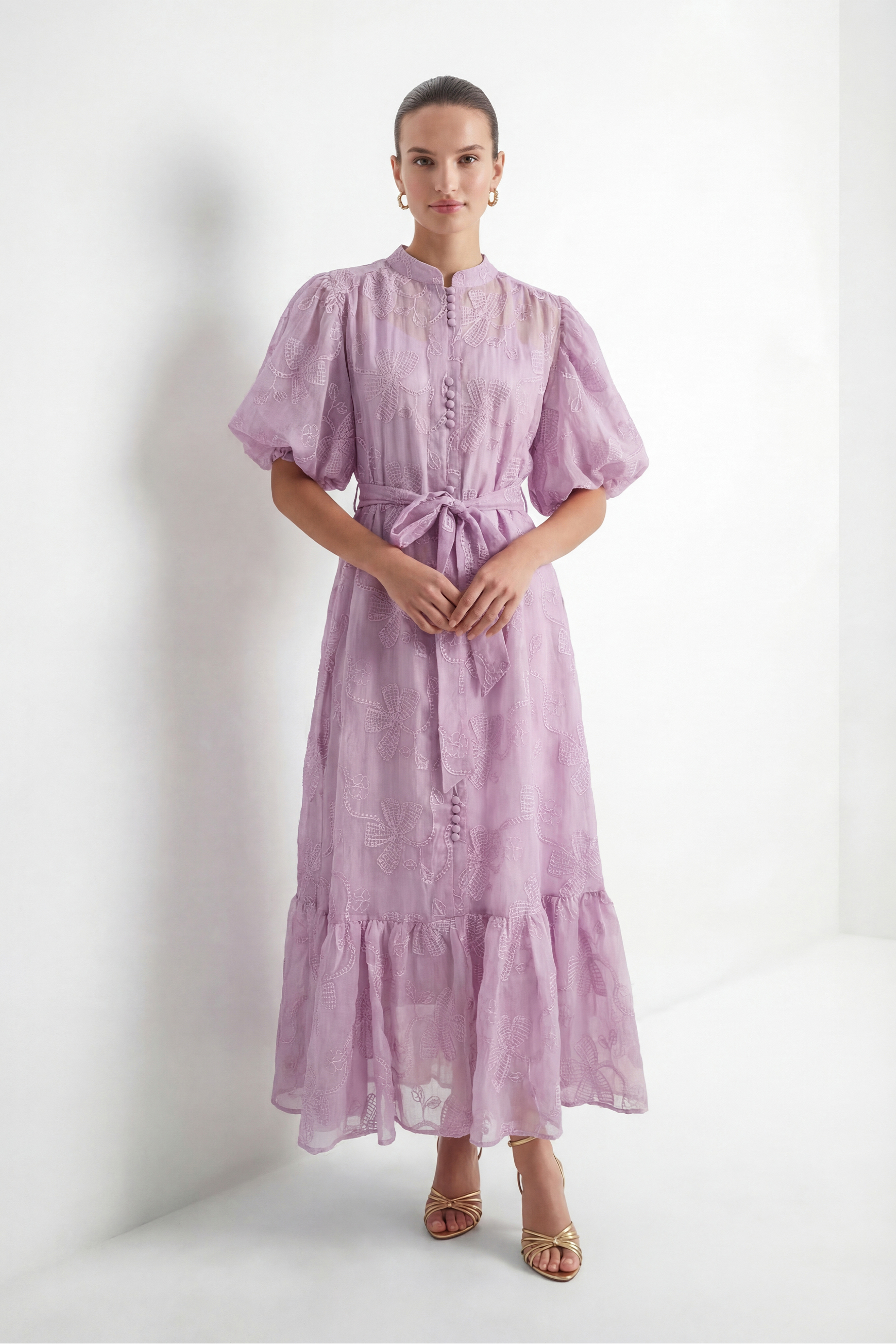 Lavender Embroidered Puff Sleeve Maxi Dress