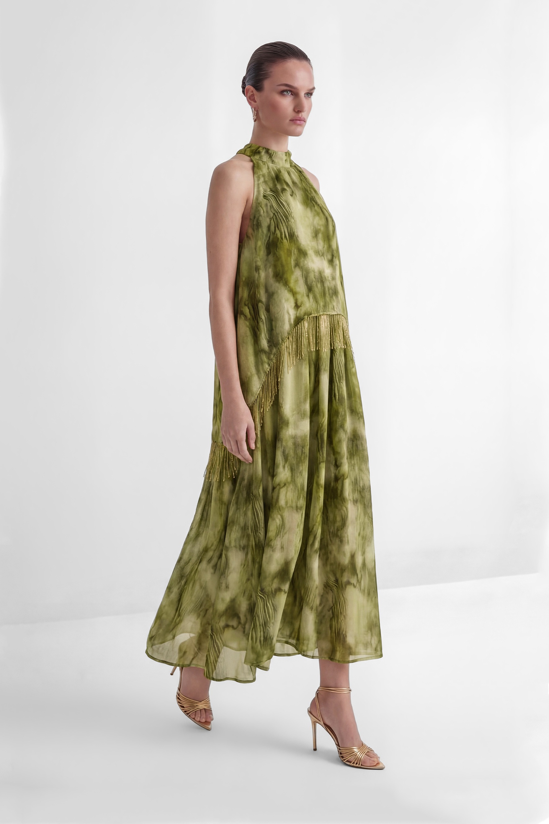 Green Marble Print Halter Dress with Gold Fringe Detail