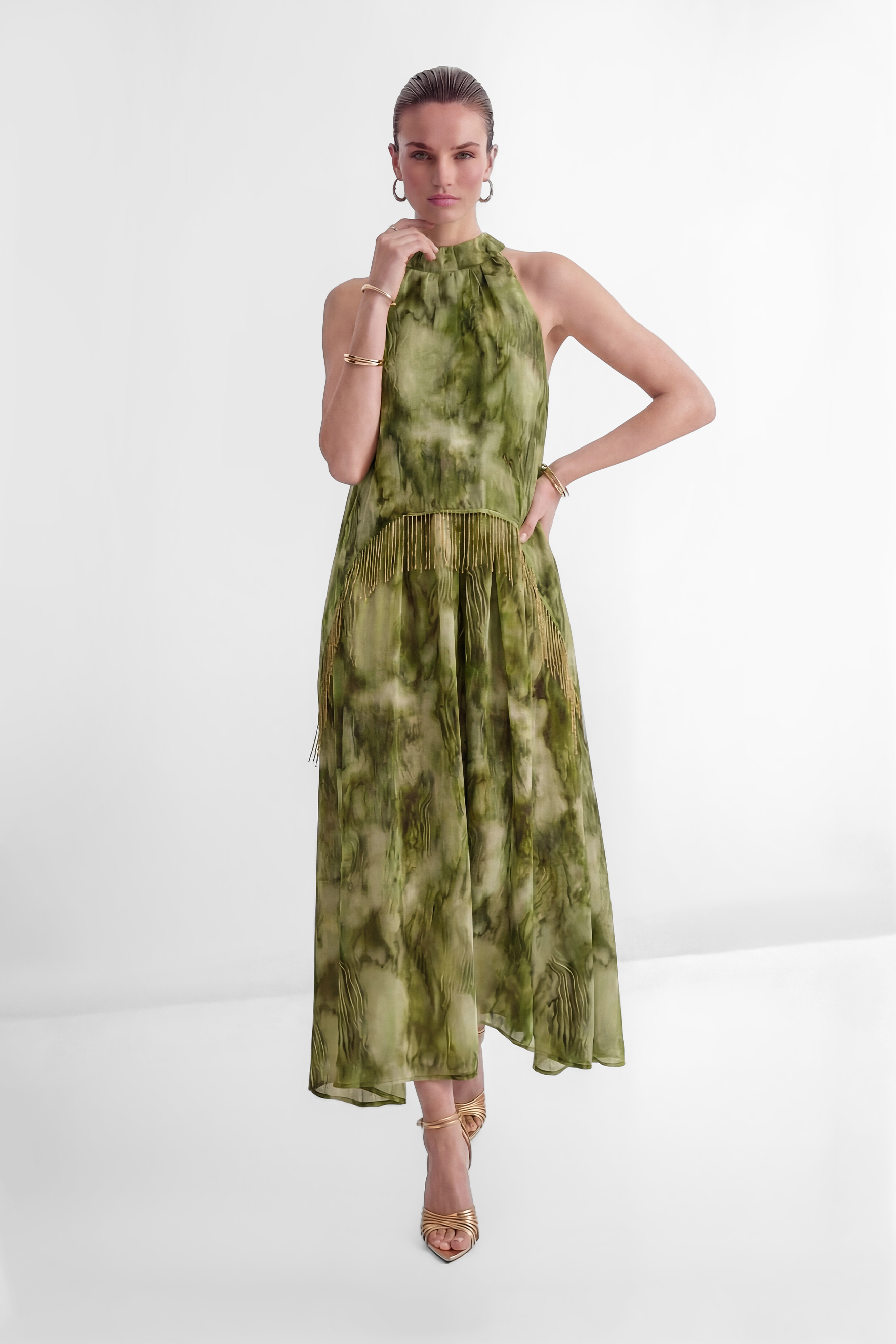 Green Marble Print Halter Dress with Gold Fringe Detail