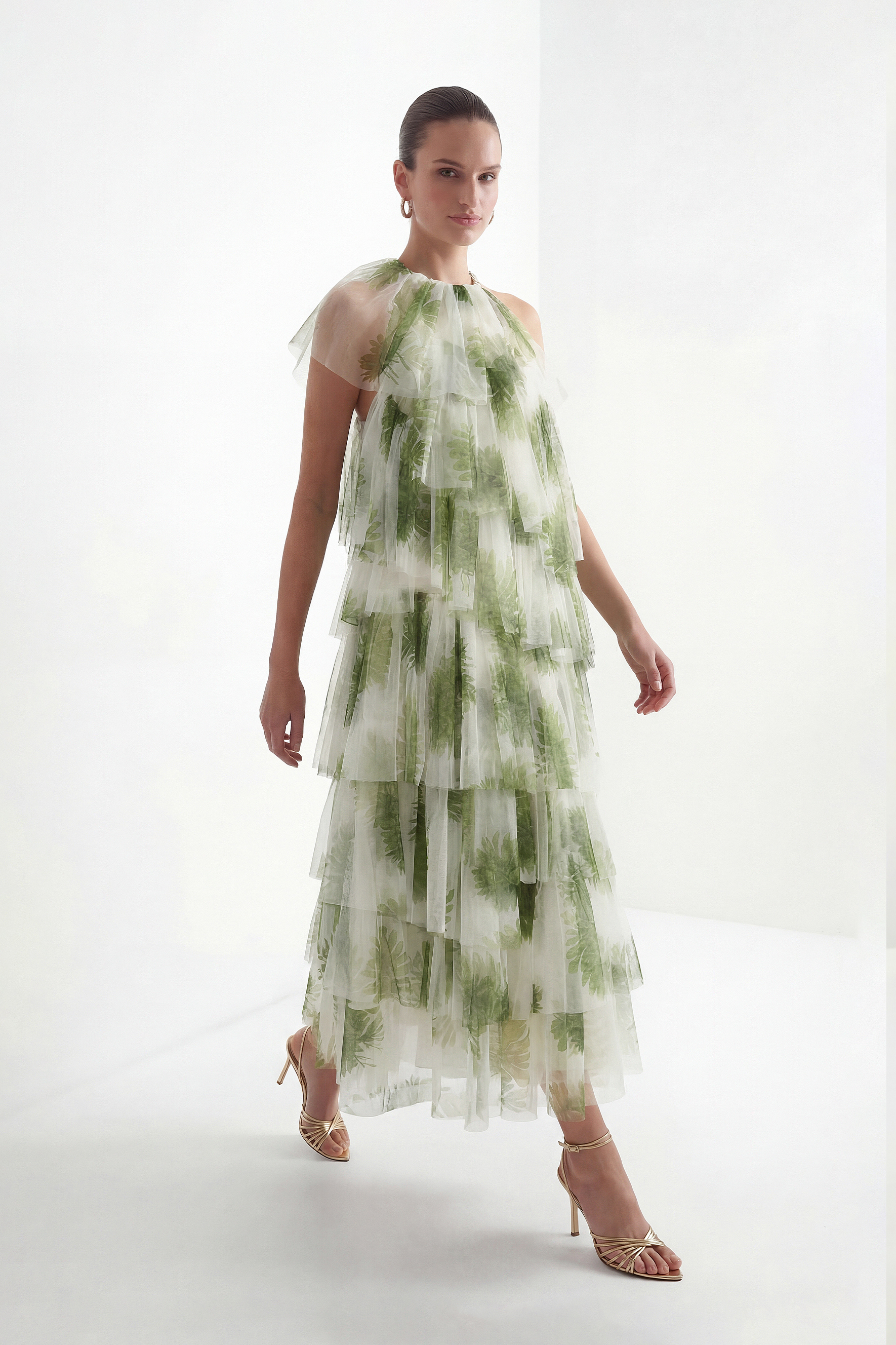 Leaf Print Tiered Tulle Maxi Dress