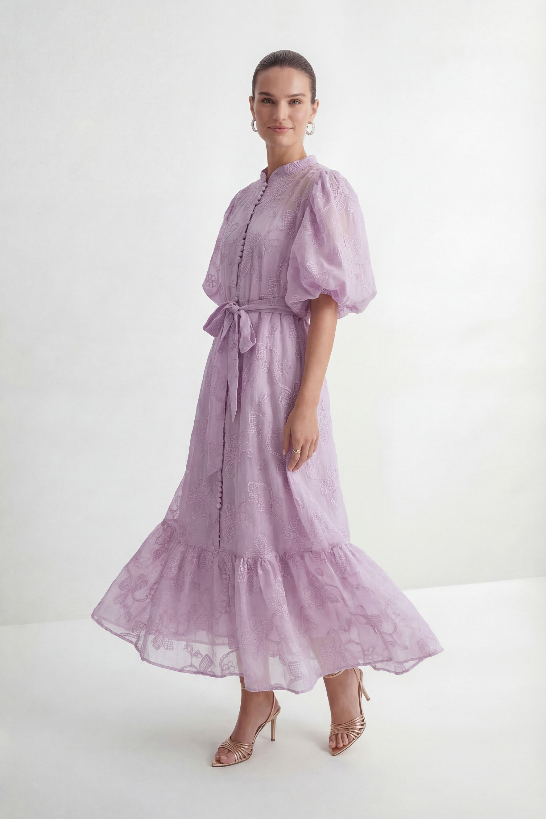 Lavender Embroidered Puff Sleeve Maxi Dress