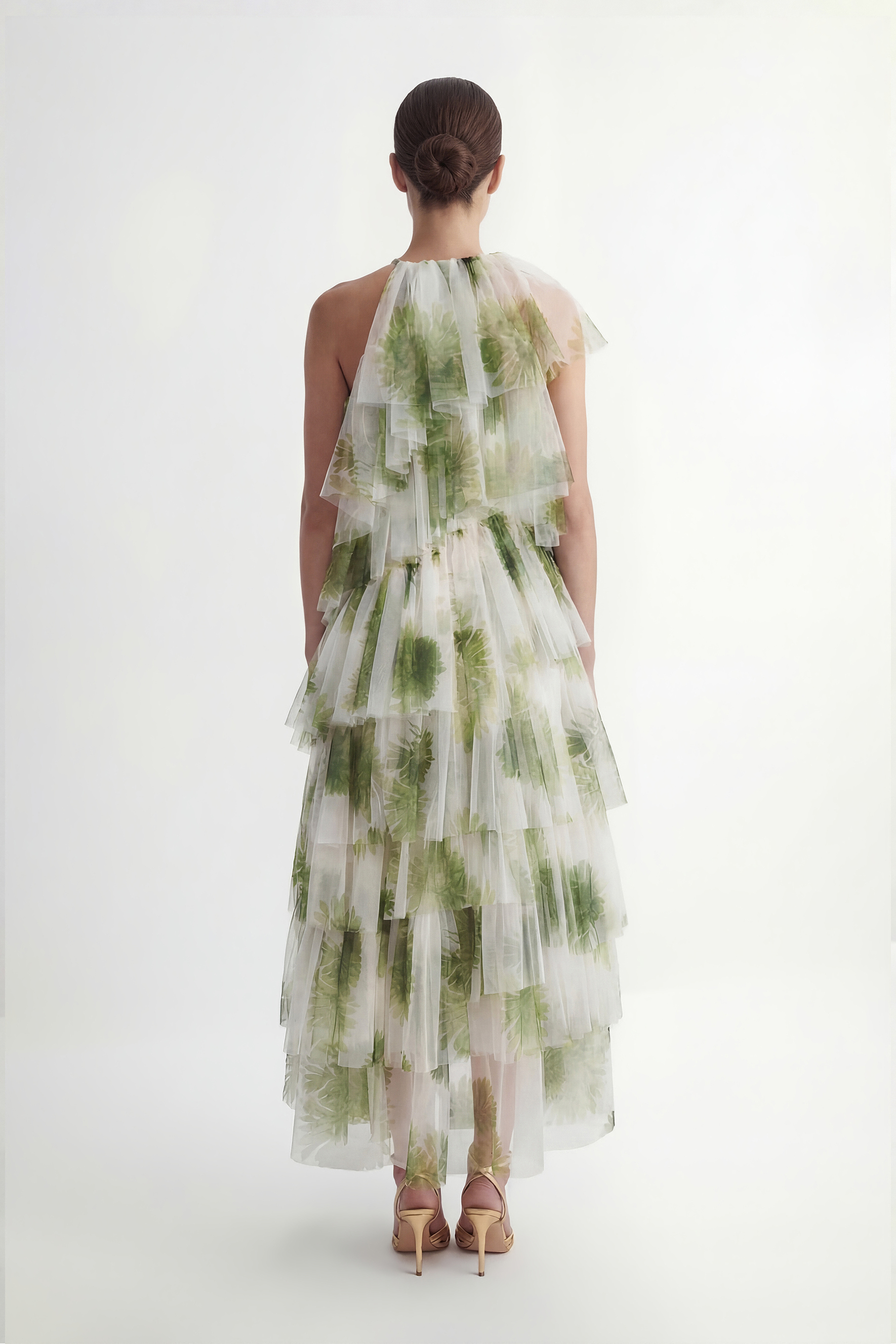 Leaf Print Tiered Tulle Maxi Dress