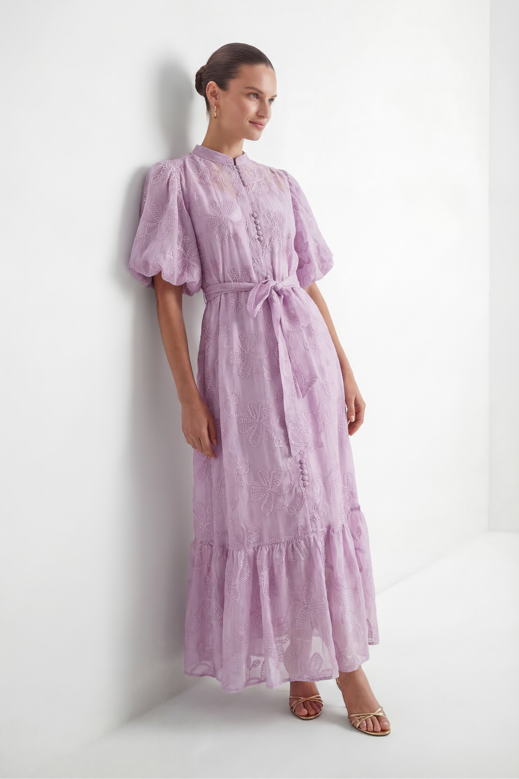 Lavender Embroidered Puff Sleeve Maxi Dress