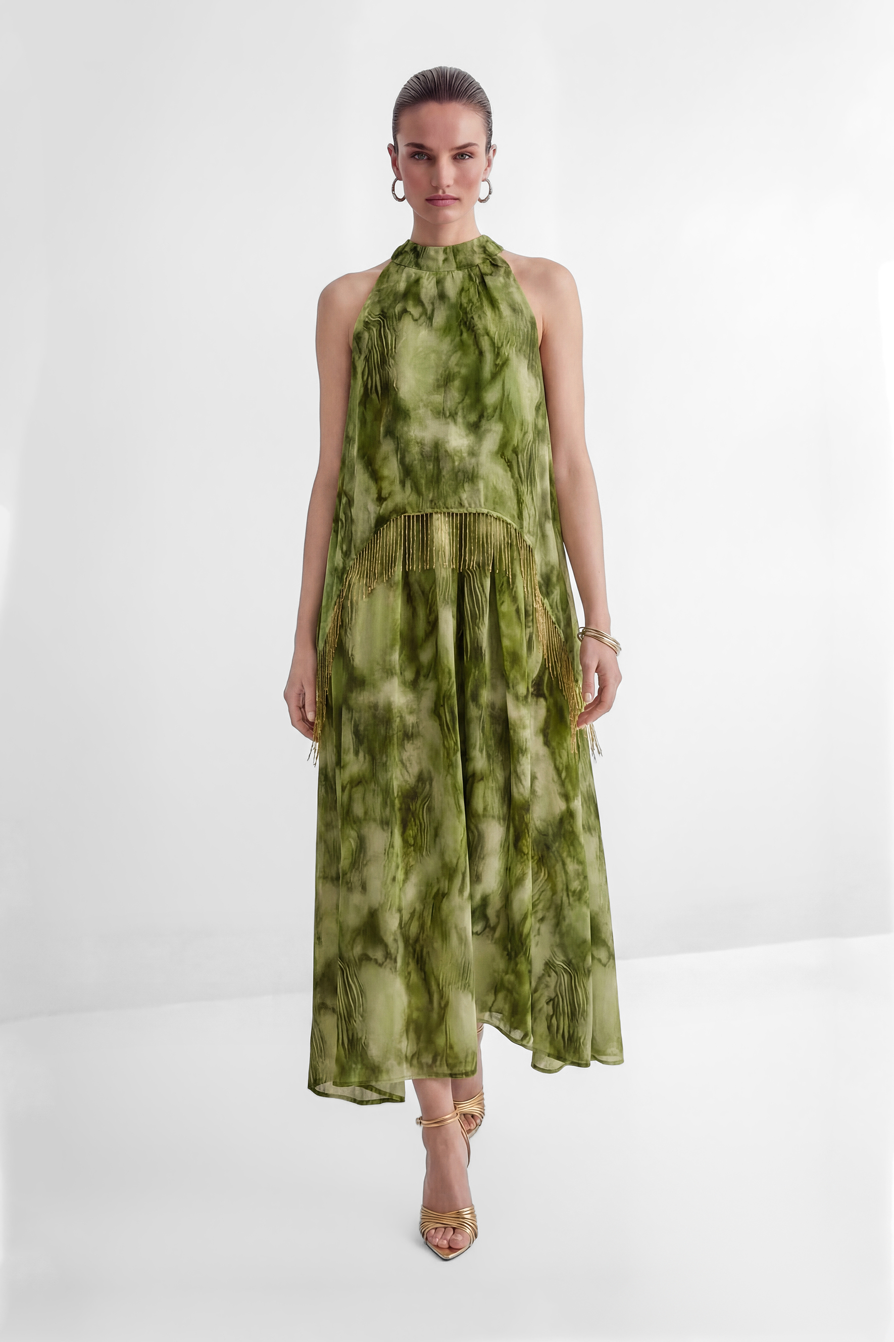 Green Marble Print Halter Dress with Gold Fringe Detail