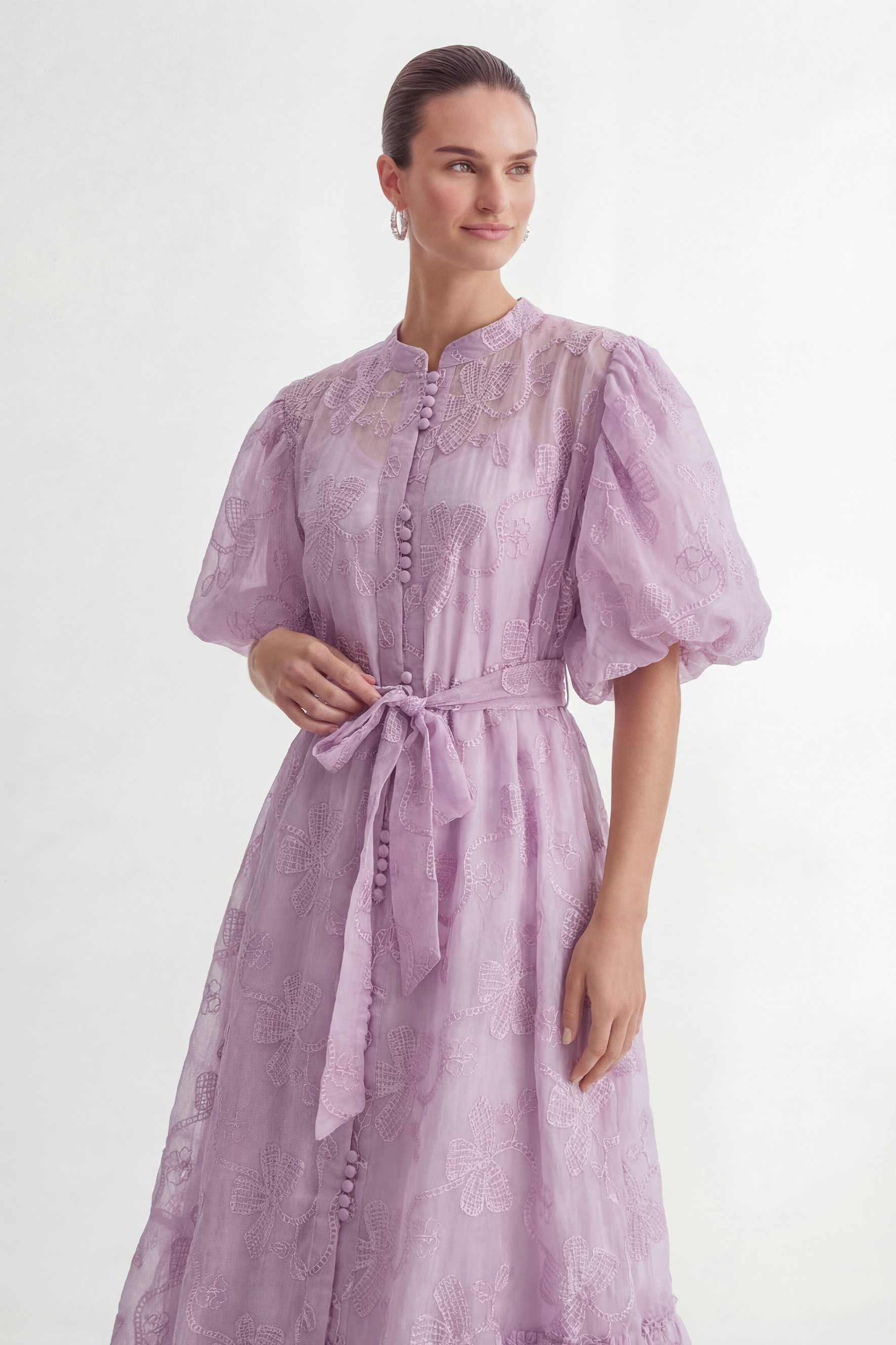 Lavender Embroidered Puff Sleeve Maxi Dress
