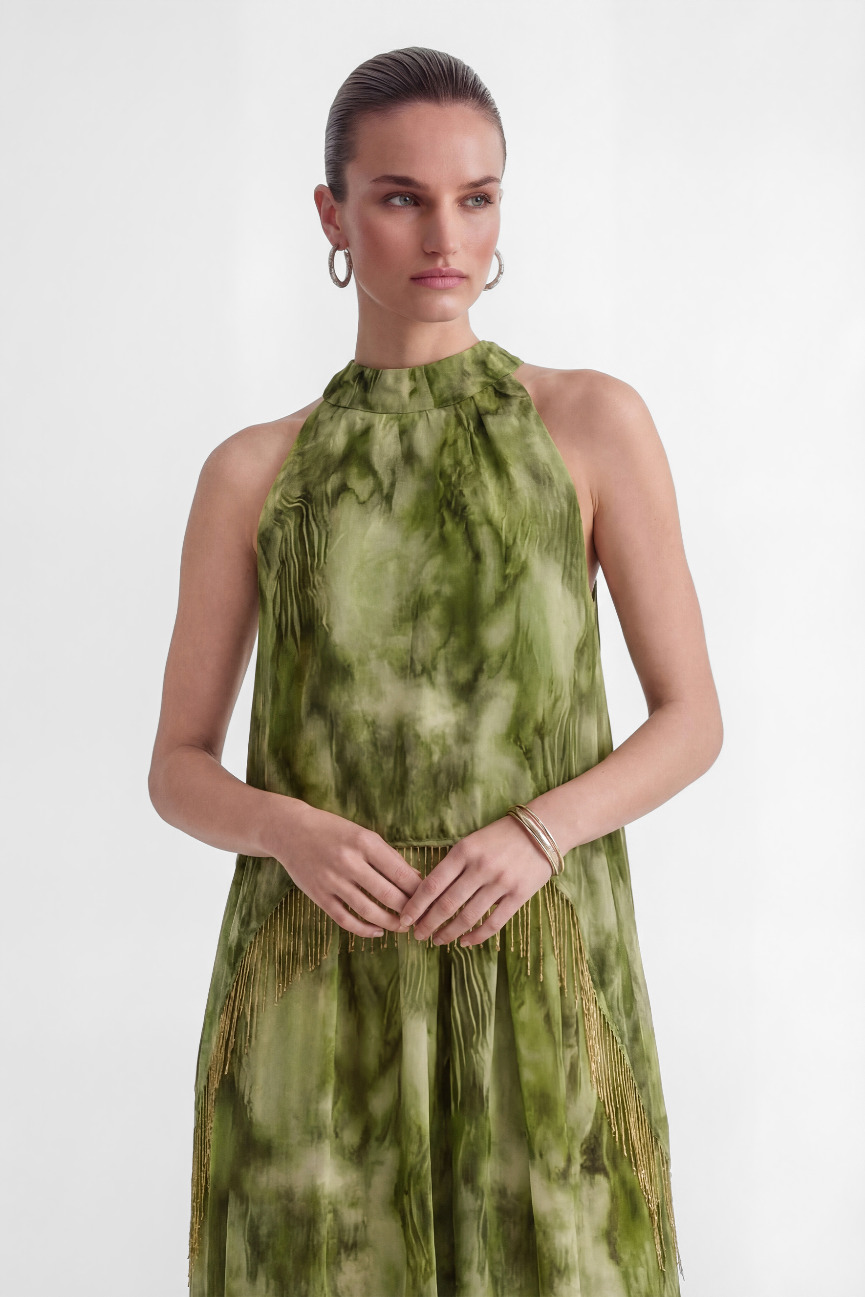 Green Marble Print Halter Dress with Gold Fringe Detail