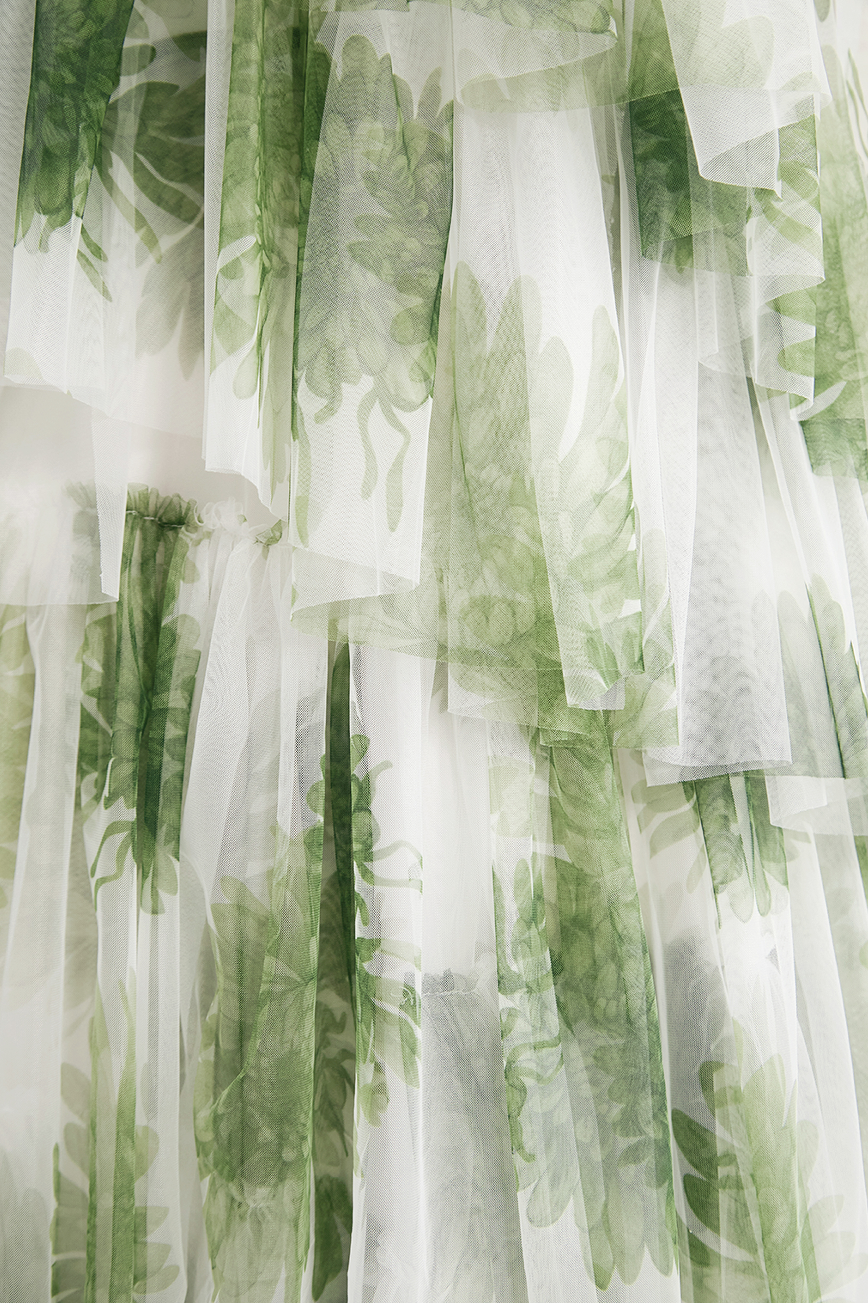 Leaf Print Tiered Tulle Maxi Dress