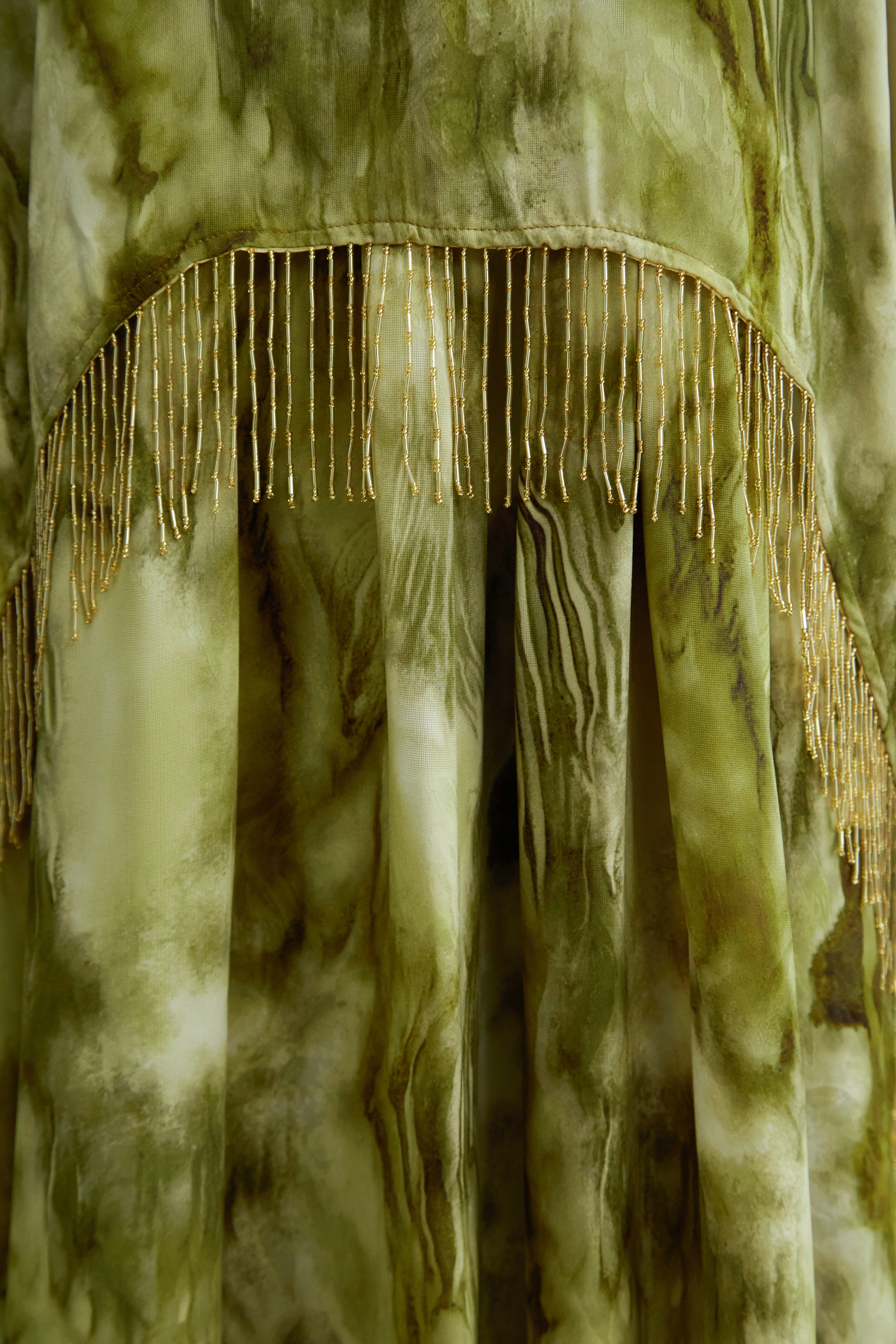 Green Marble Print Halter Dress with Gold Fringe Detail