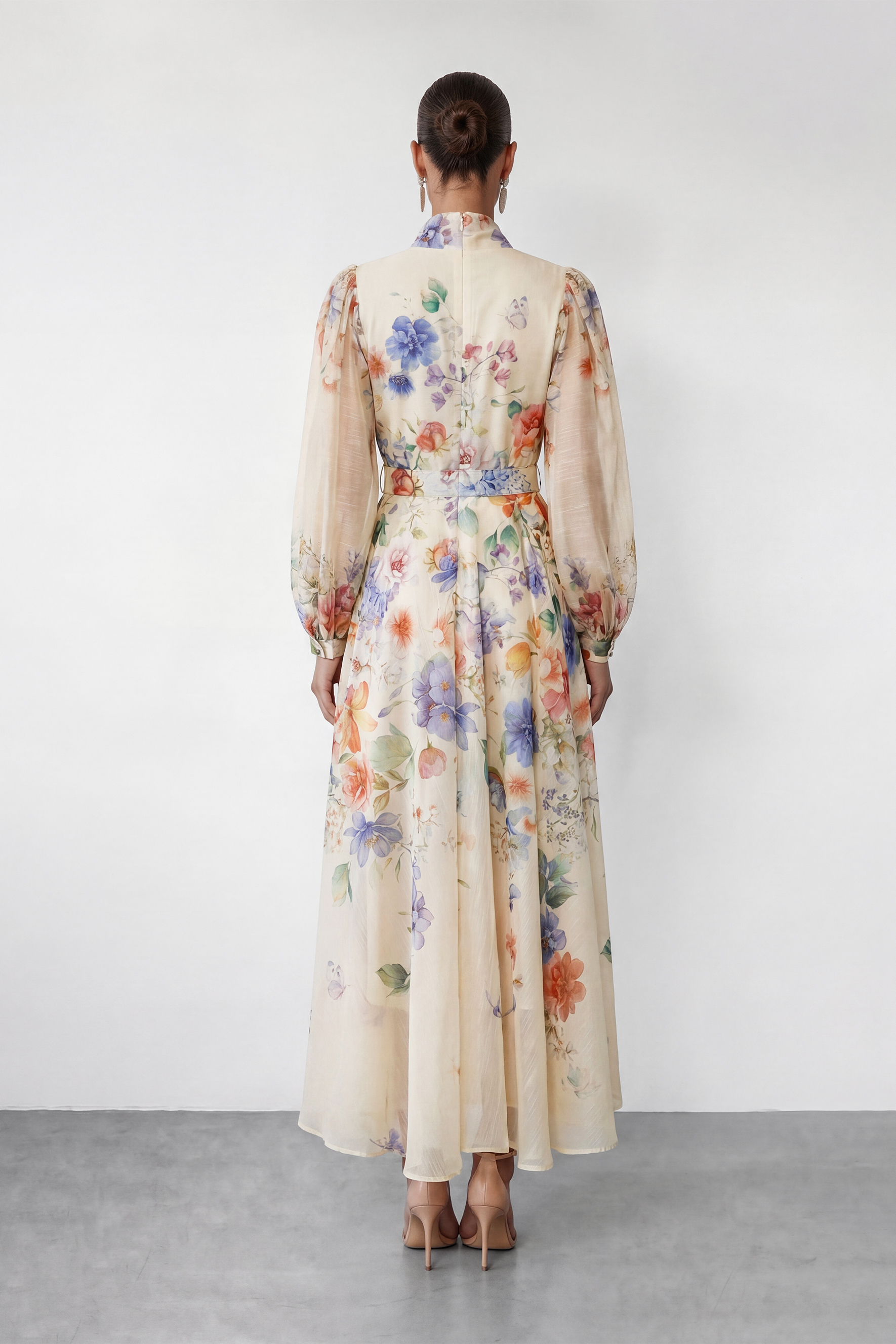 Elegant Floral Bow Maxi Dress with Balloon Sleeves