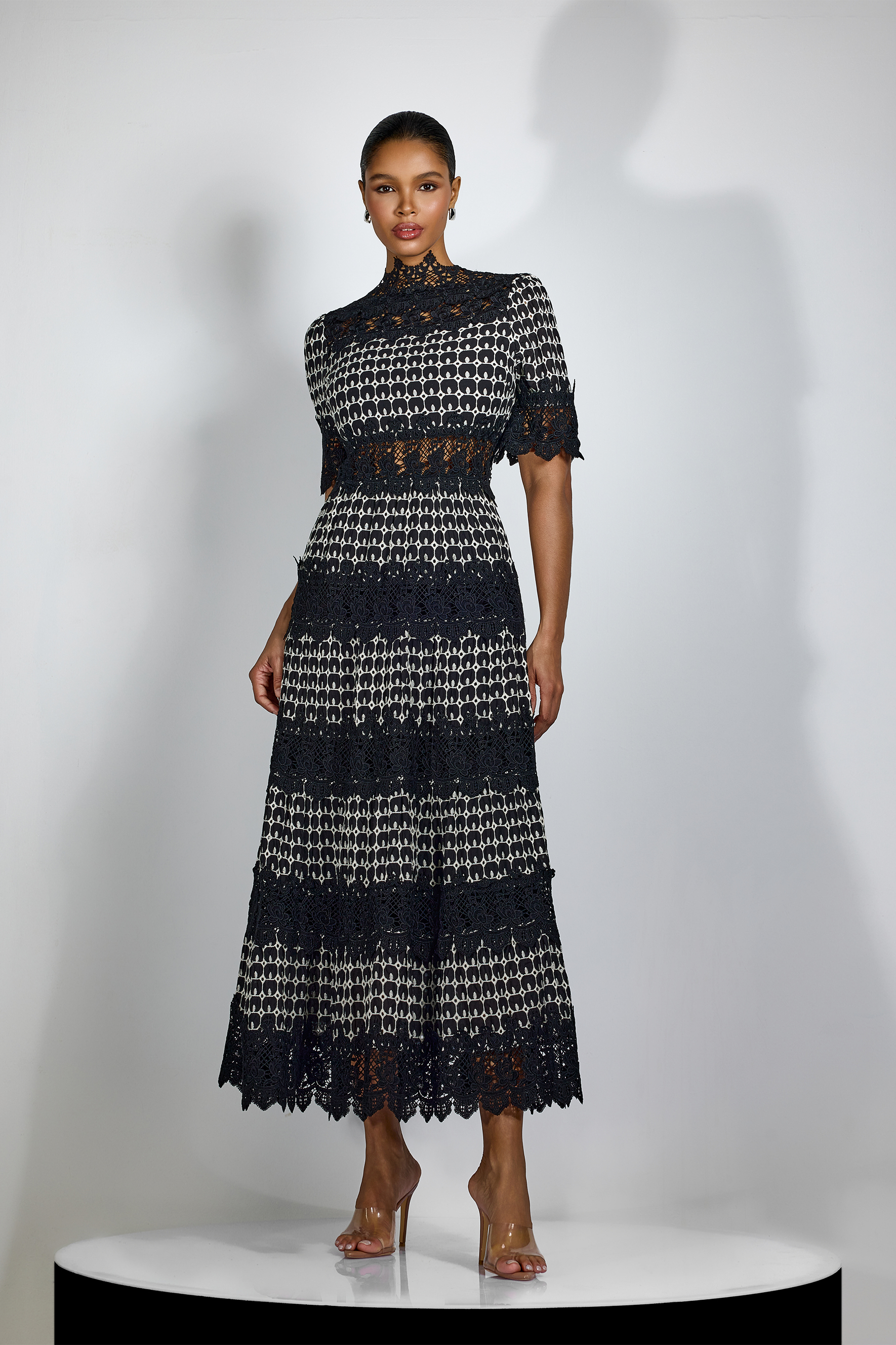 Geometric Lace Mock Neck Midi Dress