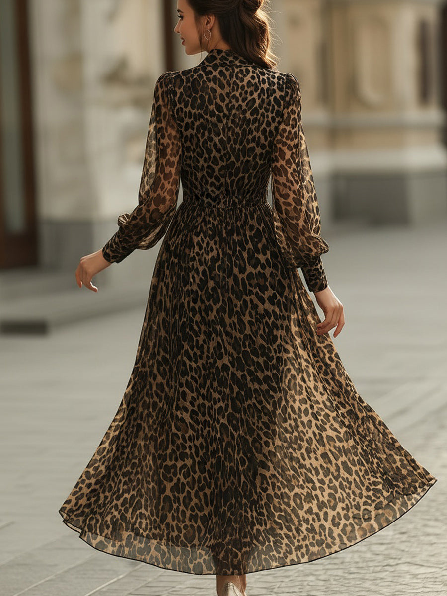 Elegant Leopard Print Long Sleeve Wrap Dress