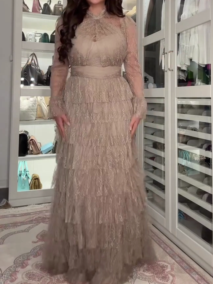 Elegant long lace dress with layers