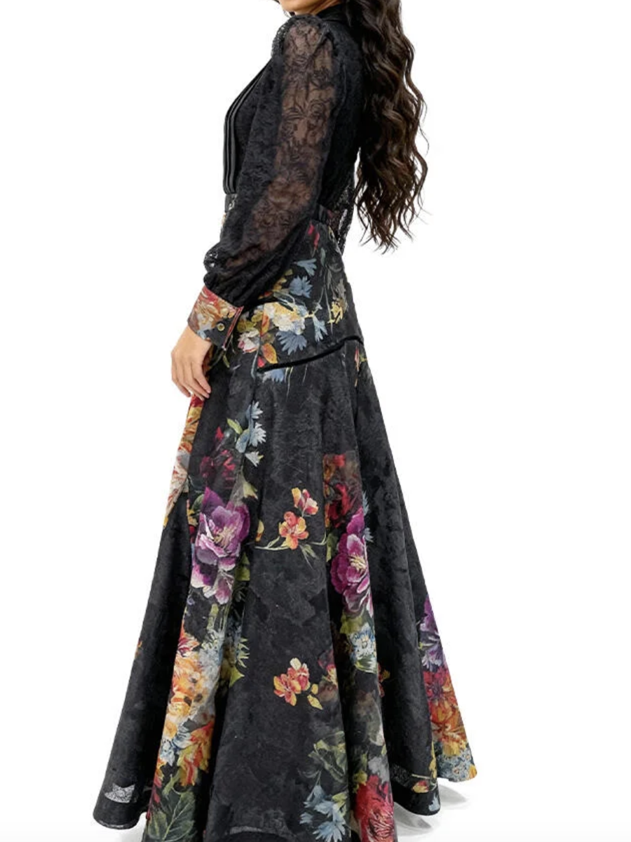 Black printed dress with lace sleeves and a V-neck