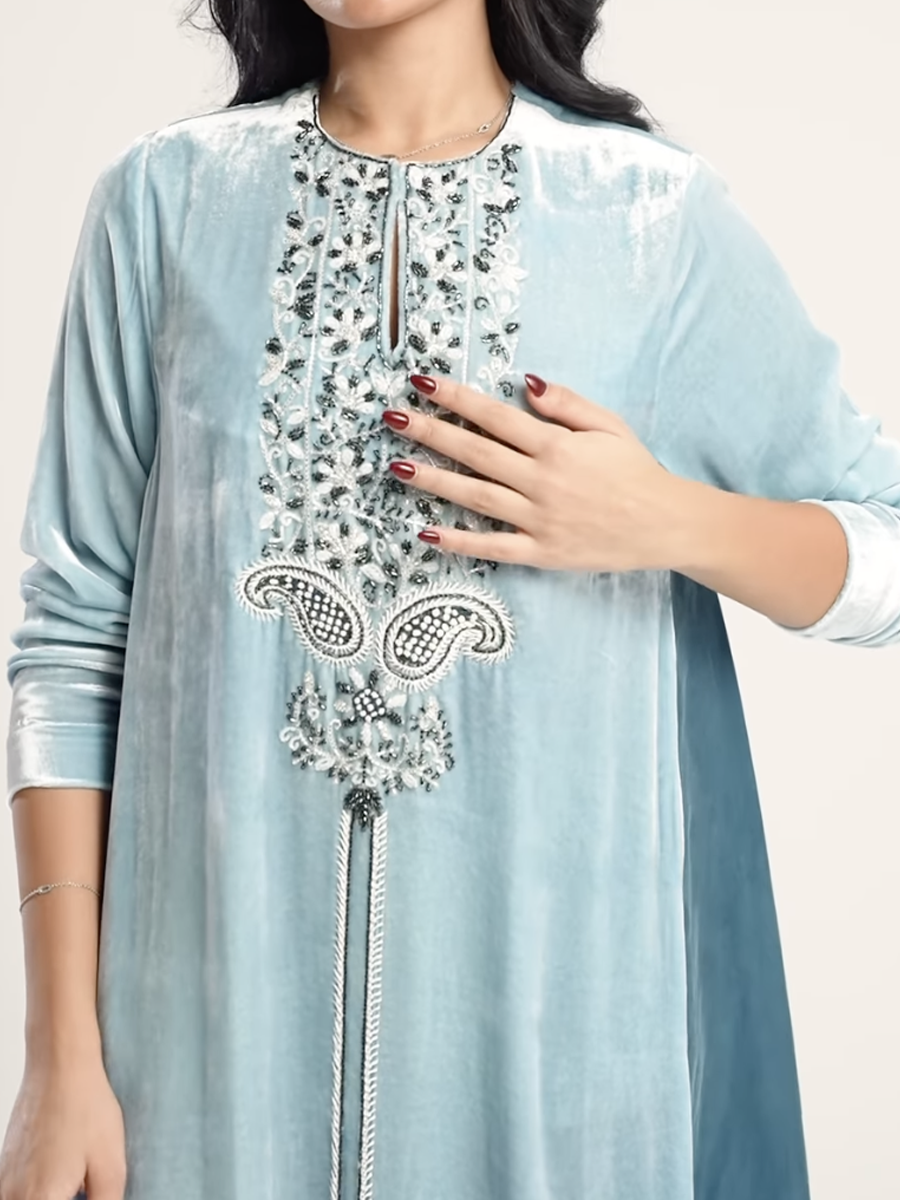 Luxurious embroidery in sky blue