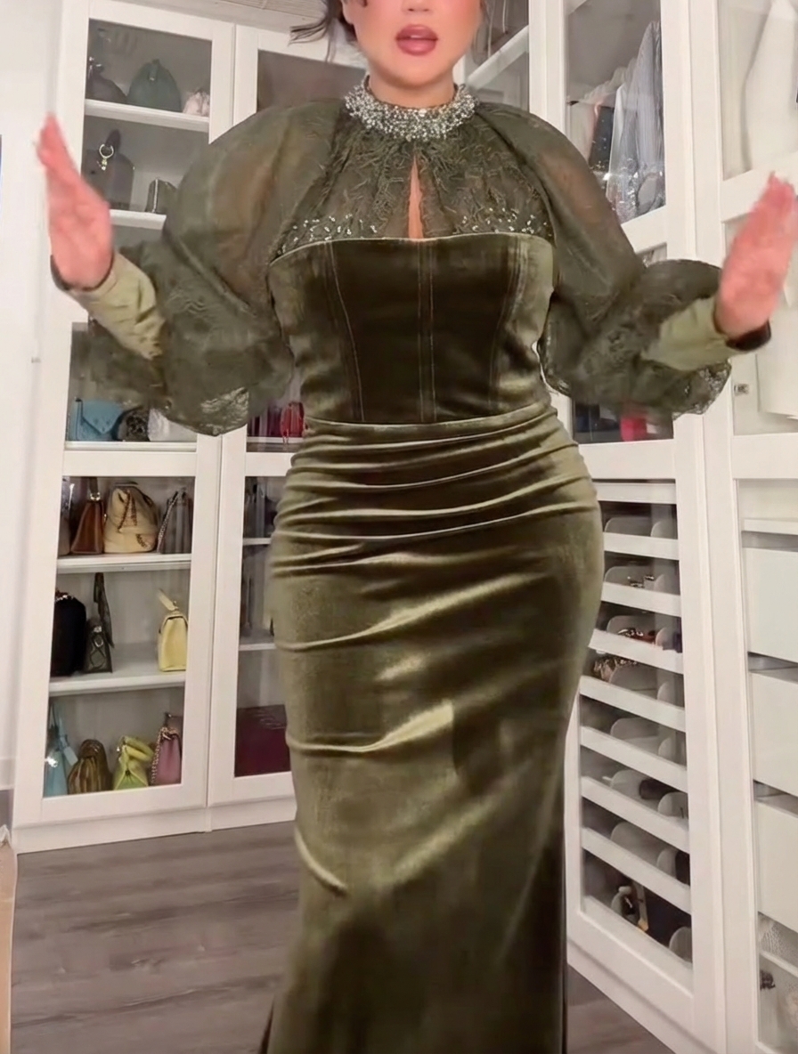 Velvet maxi dress with puff sleeves and rhinestone embellishments in olive green lace