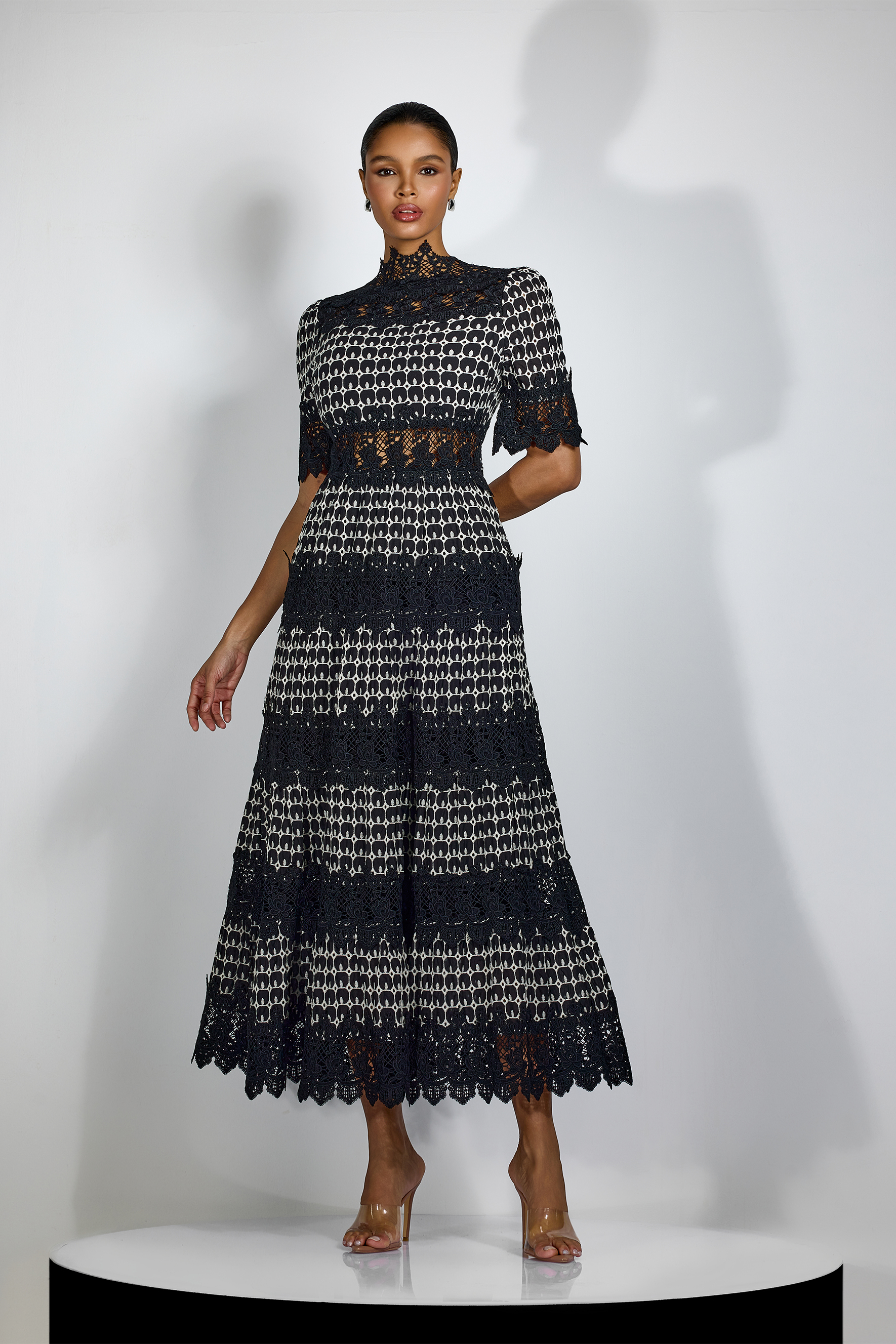 Geometric Lace Mock Neck Midi Dress