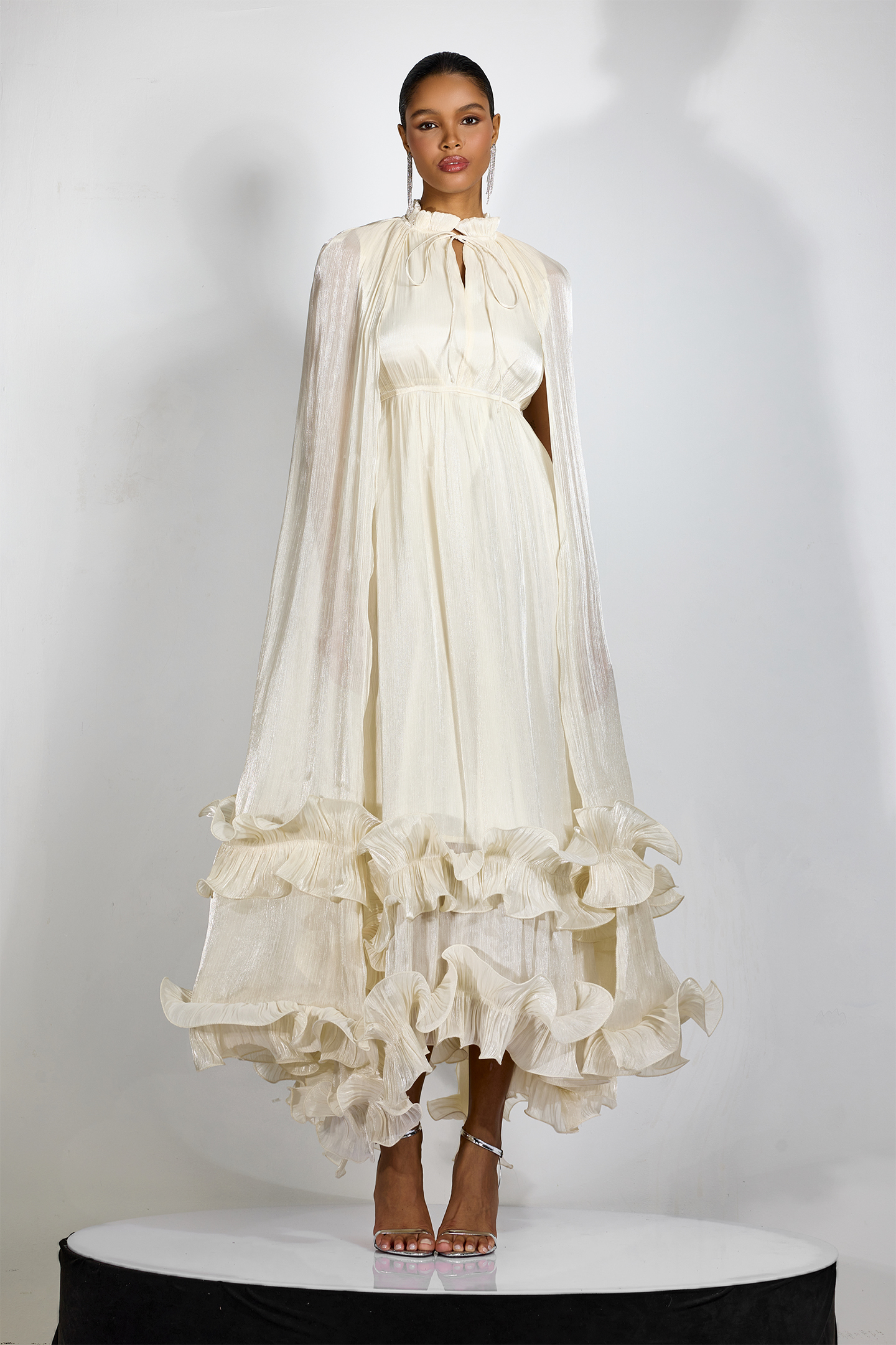 Ivory Pleated Cape Ruffle Maxi Dress
