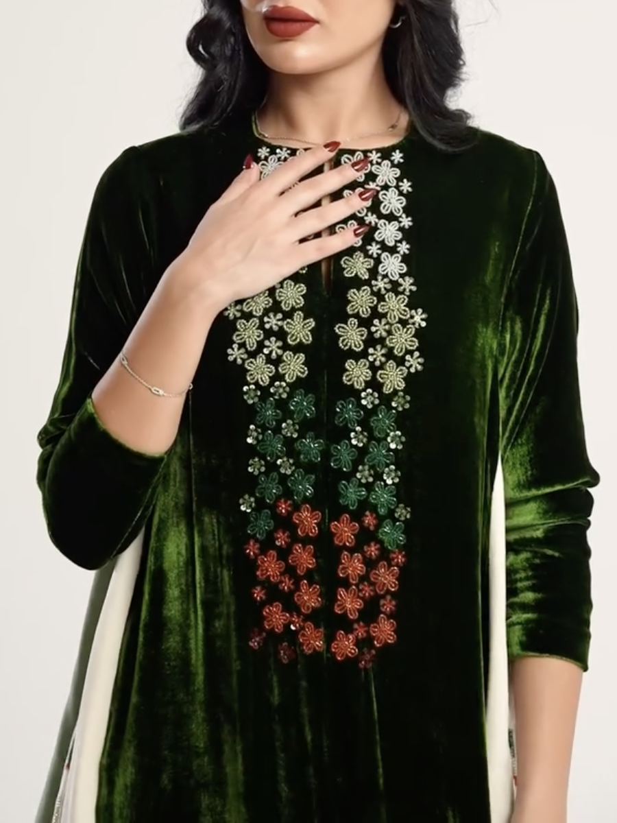Dark green velvet pink maxi dress