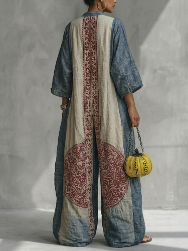 Vintage Print Loose Wide Leg Jumpsuit with Pockets