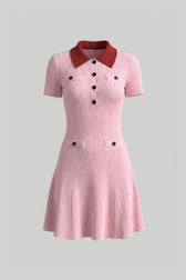 Pink Contrast Collar Ribbed Mini Dress