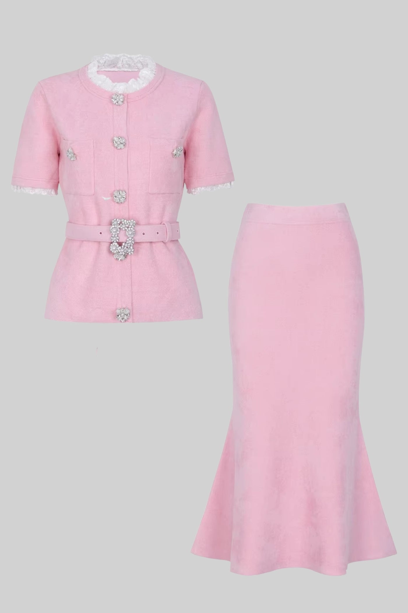 Elegant Pink Textured Two-Piece Set with Lace Collar and Rhinestones