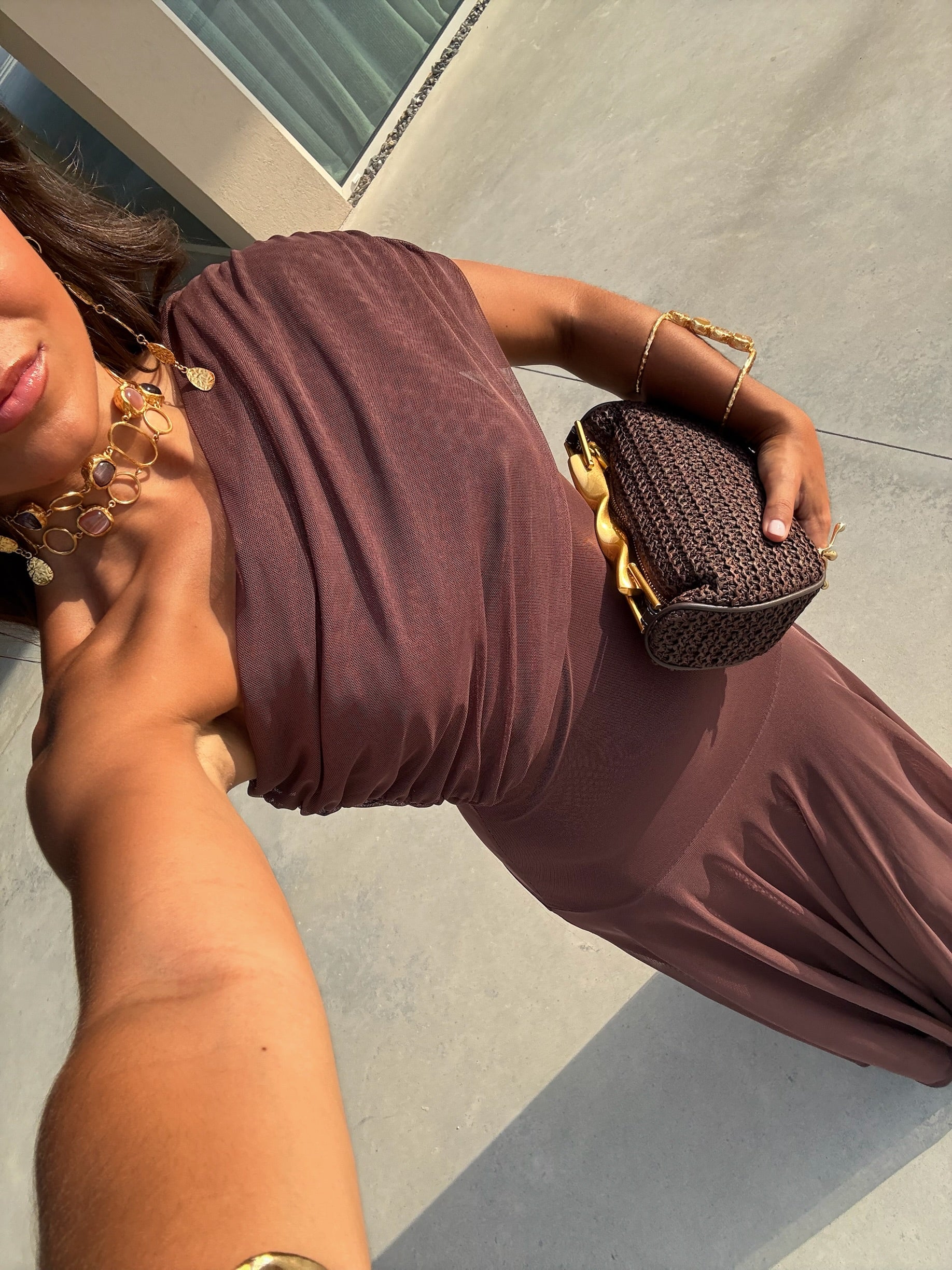 Elegant Ruched Off-the-Shoulder Mesh Maxi Dress
