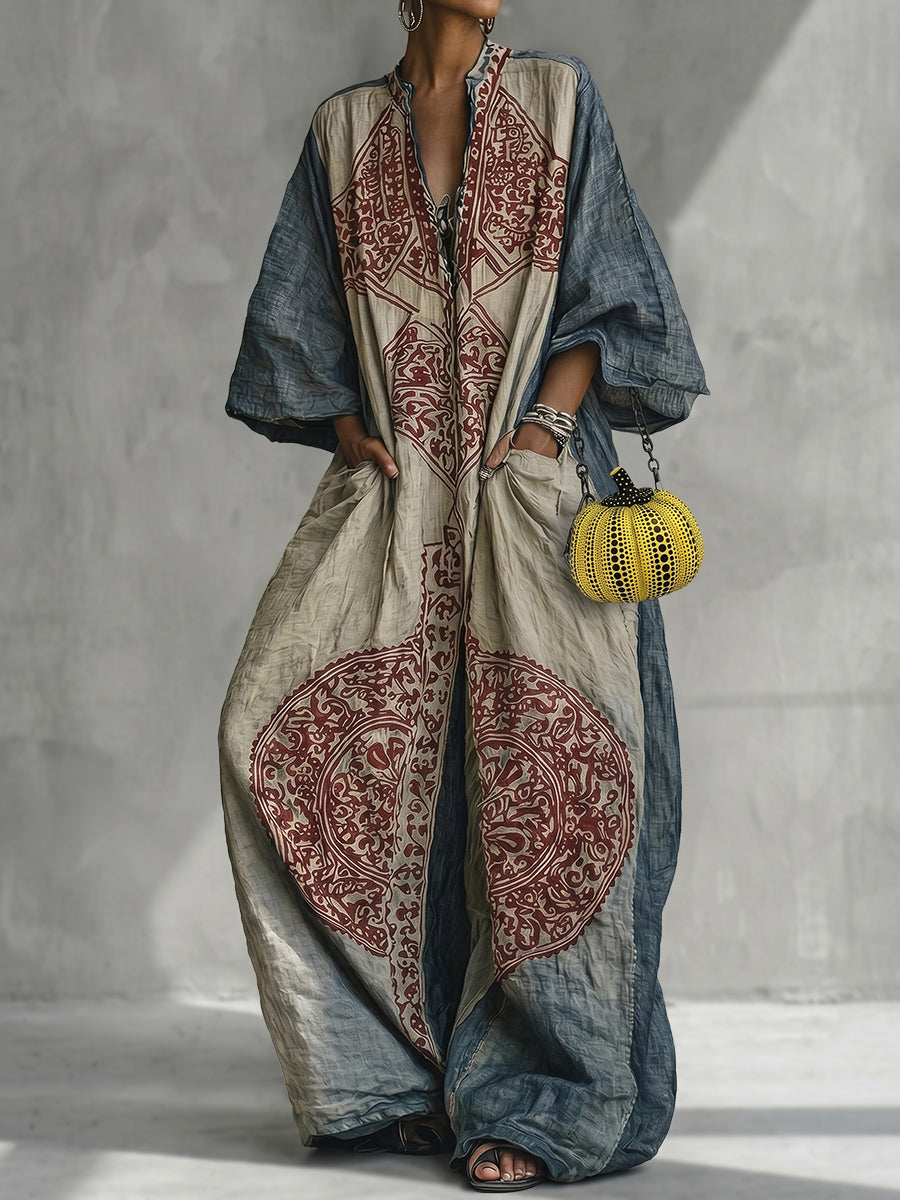 Vintage Print Loose Wide Leg Jumpsuit with Pockets