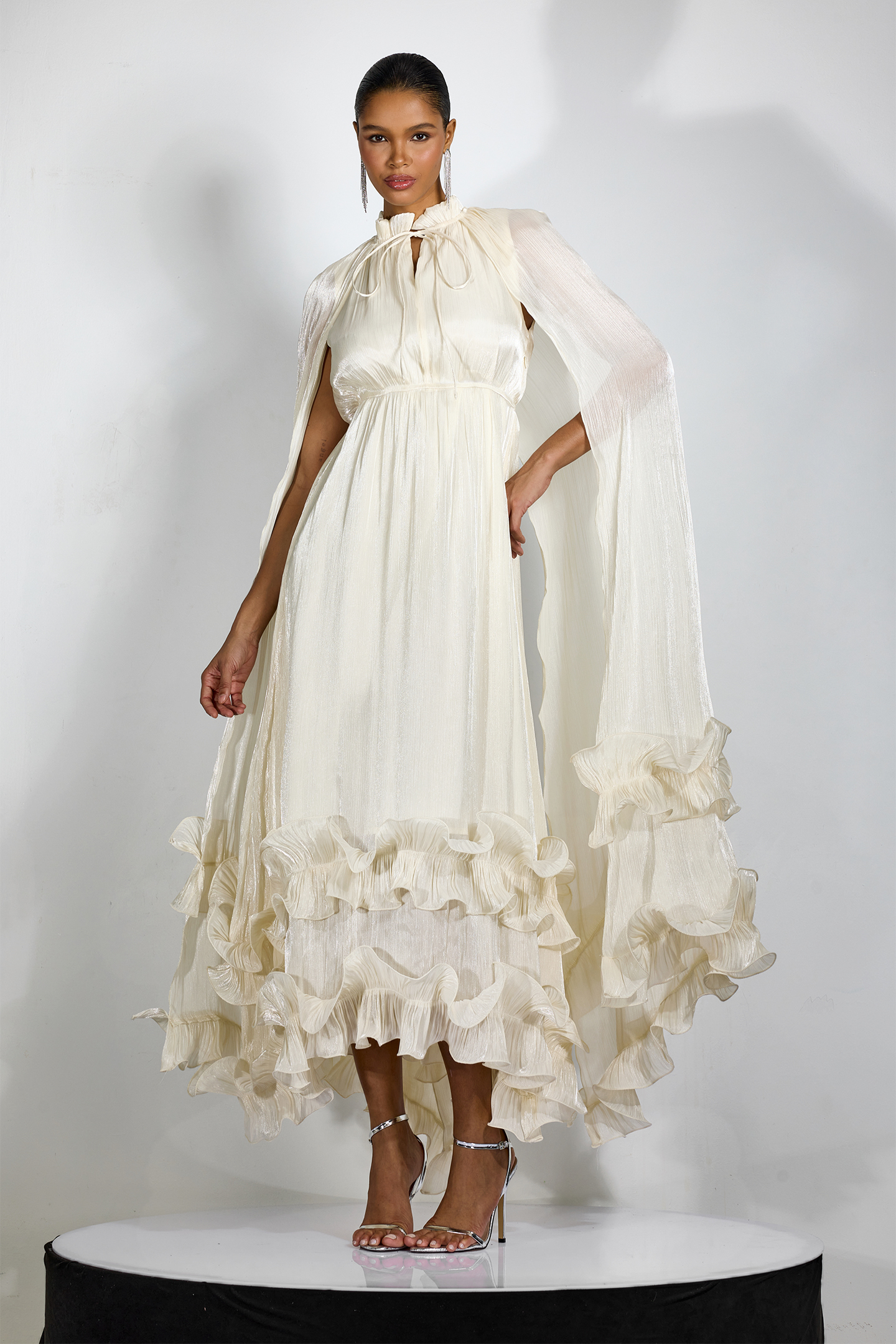 Ivory Pleated Cape Ruffle Maxi Dress