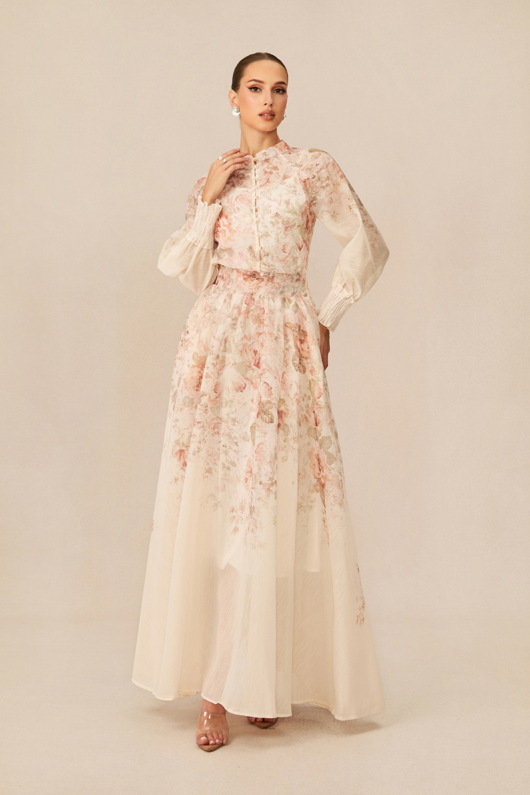 Elegant Floral High Neck Lantern Sleeve Maxi Set