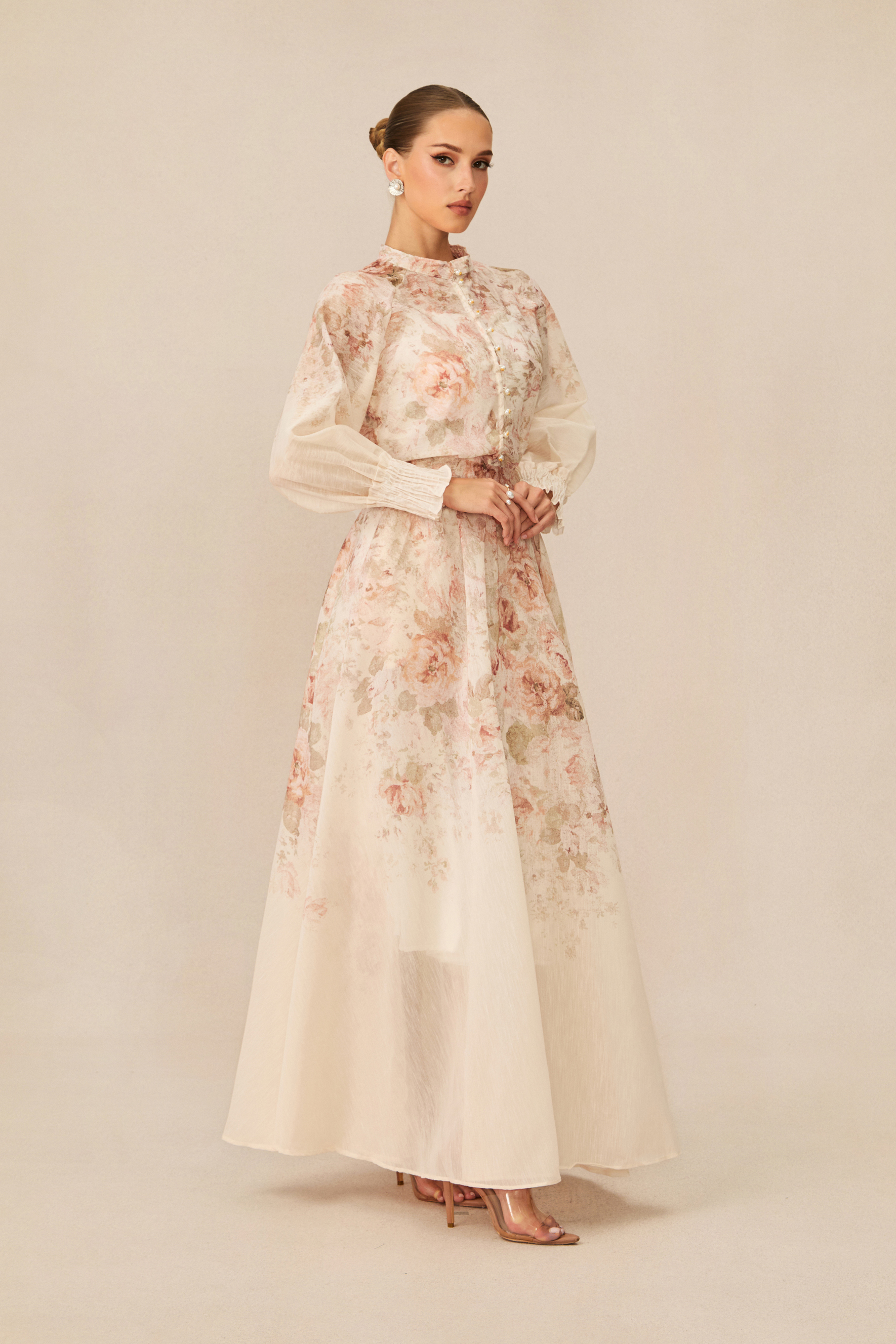 Elegant Floral High Neck Lantern Sleeve Maxi Set