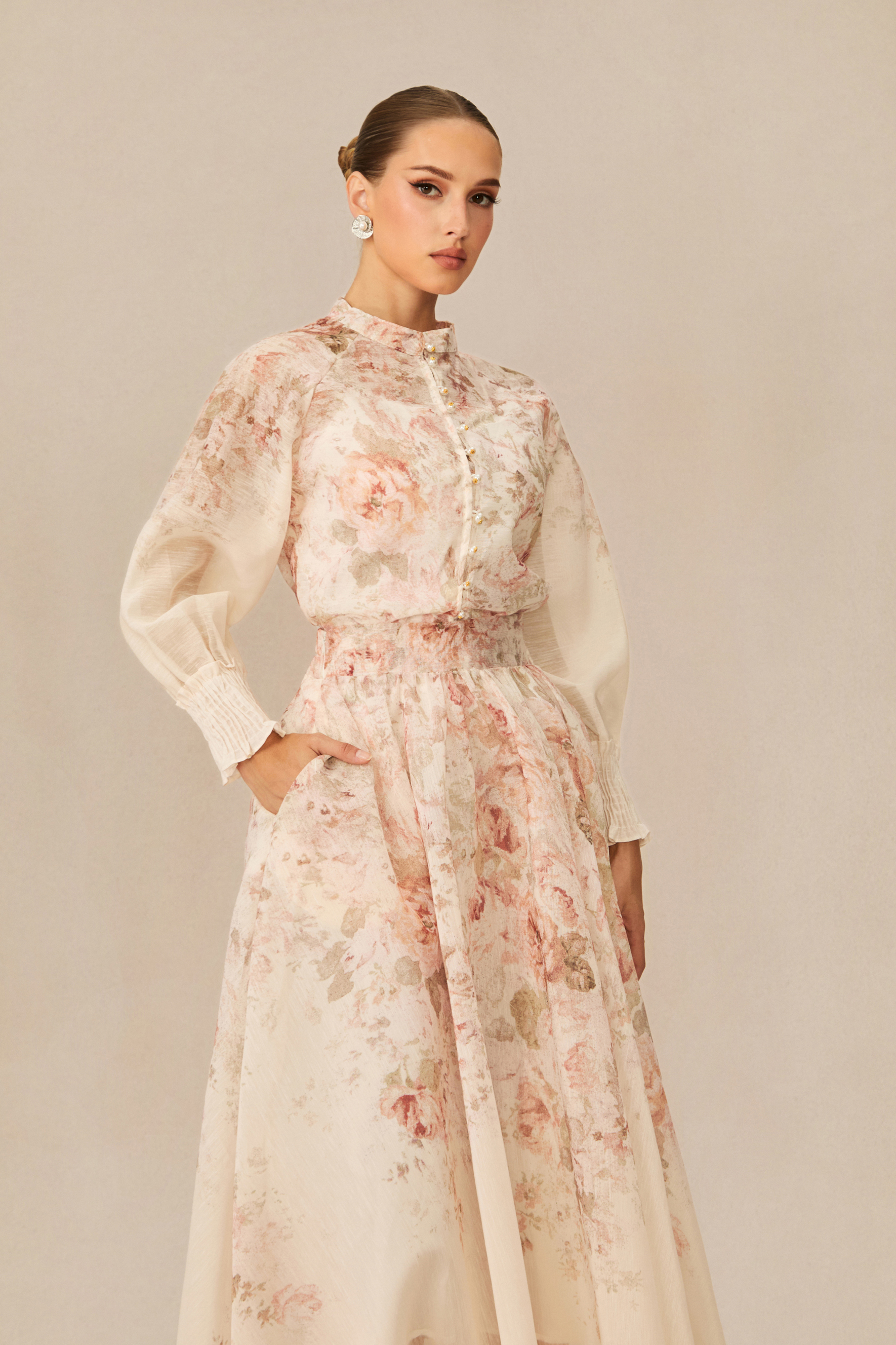 Elegant Floral High Neck Lantern Sleeve Maxi Set
