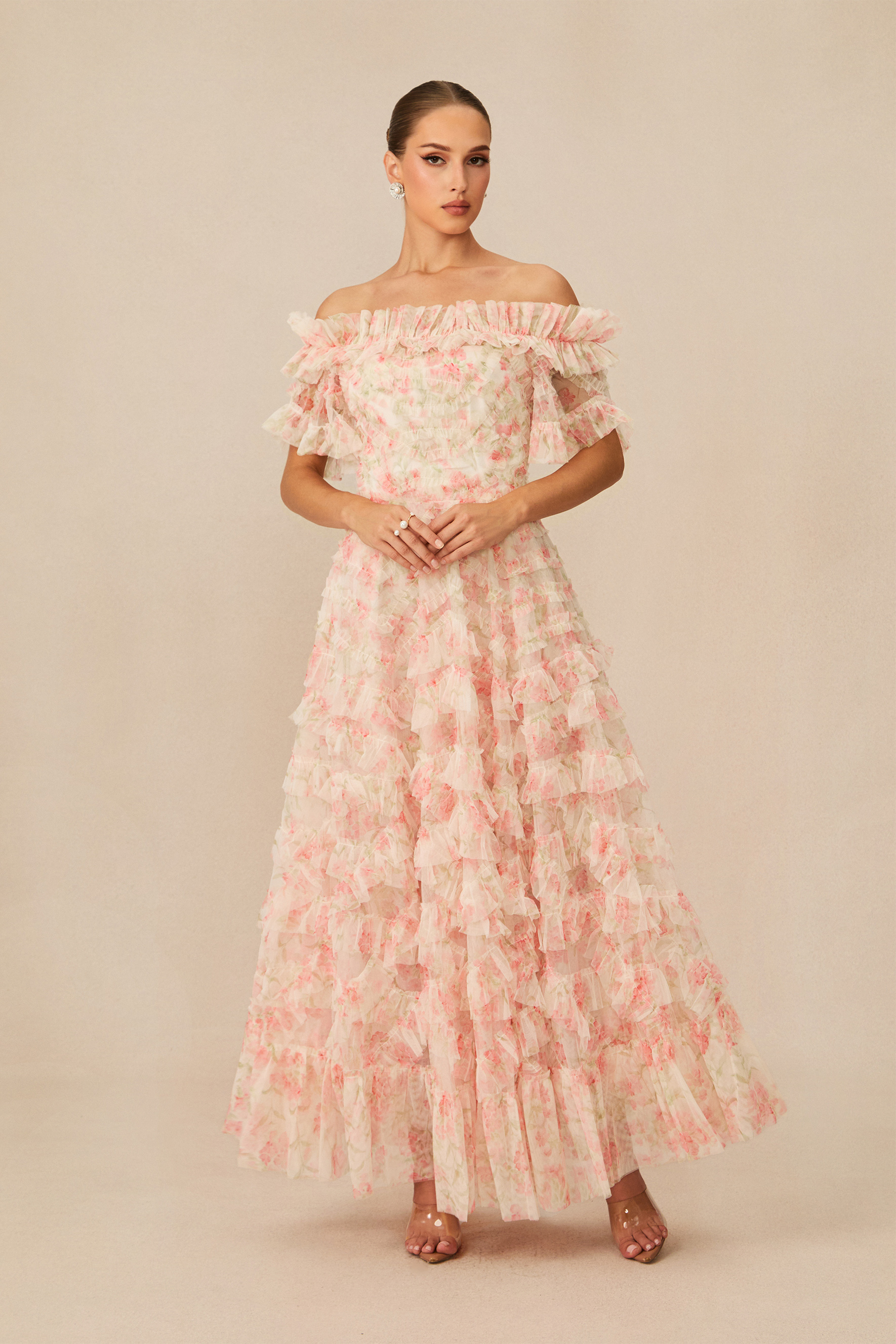 Elegant Off-Shoulder Tiered Floral Maxi Dress
